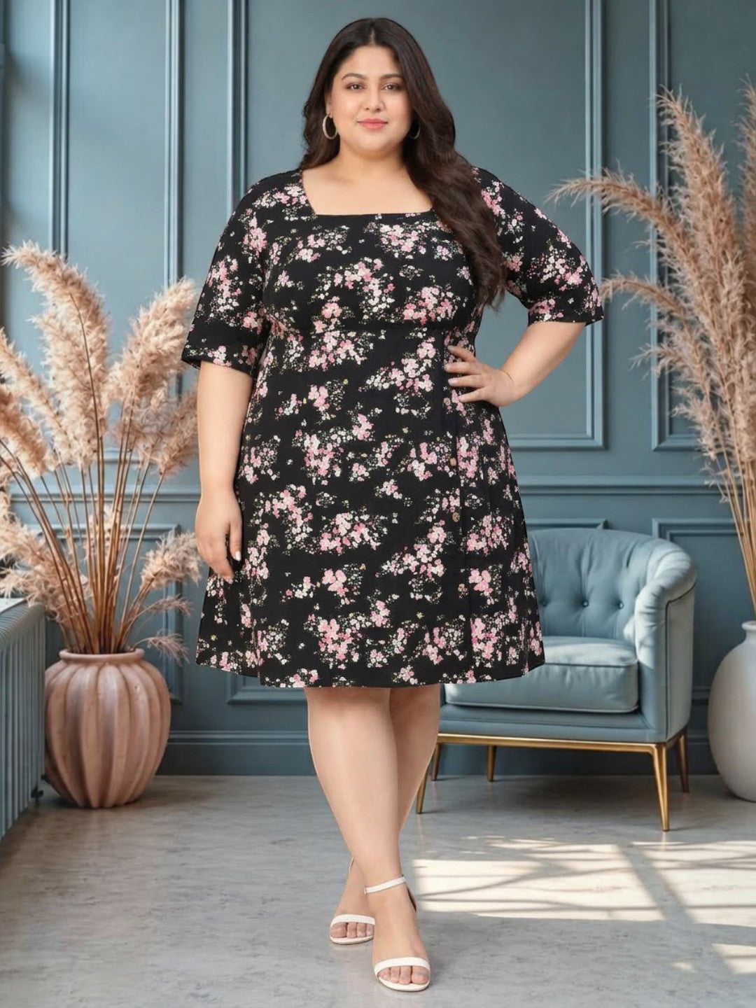 Plus Size Black Floral Printed Dress