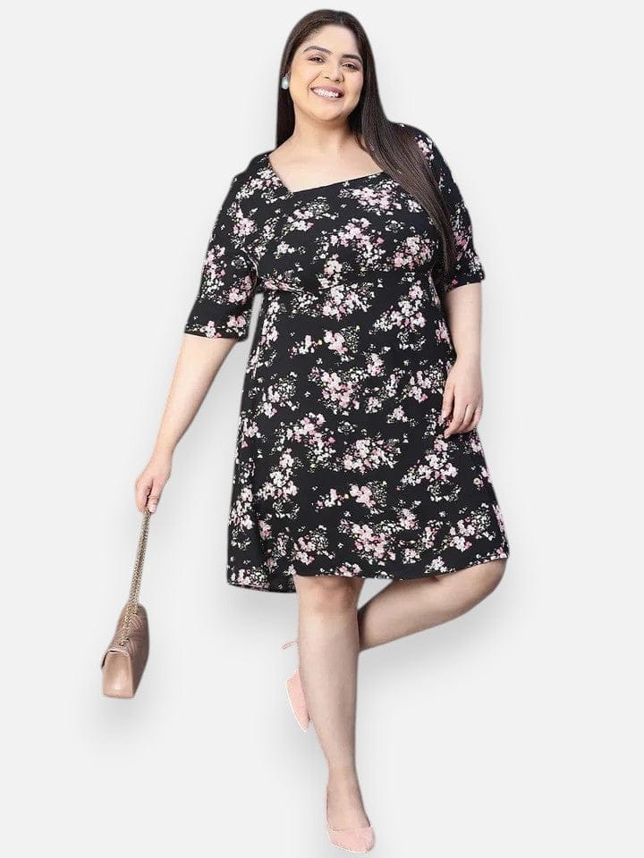 Plus Size Black Floral Printed Dress