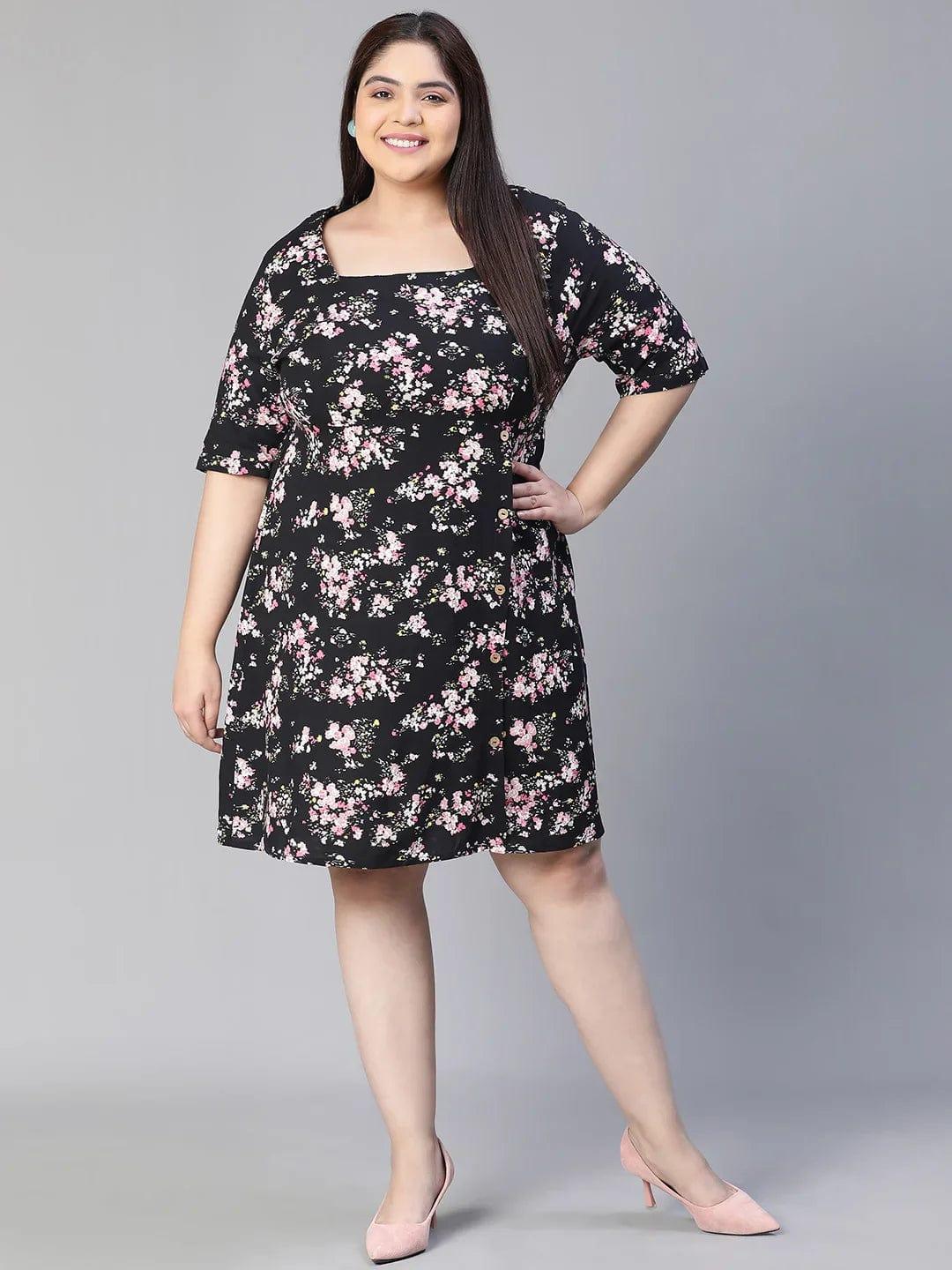 New Black Floral Print Short Sleeve Plus Size Curvy Dress - oxolloxo
