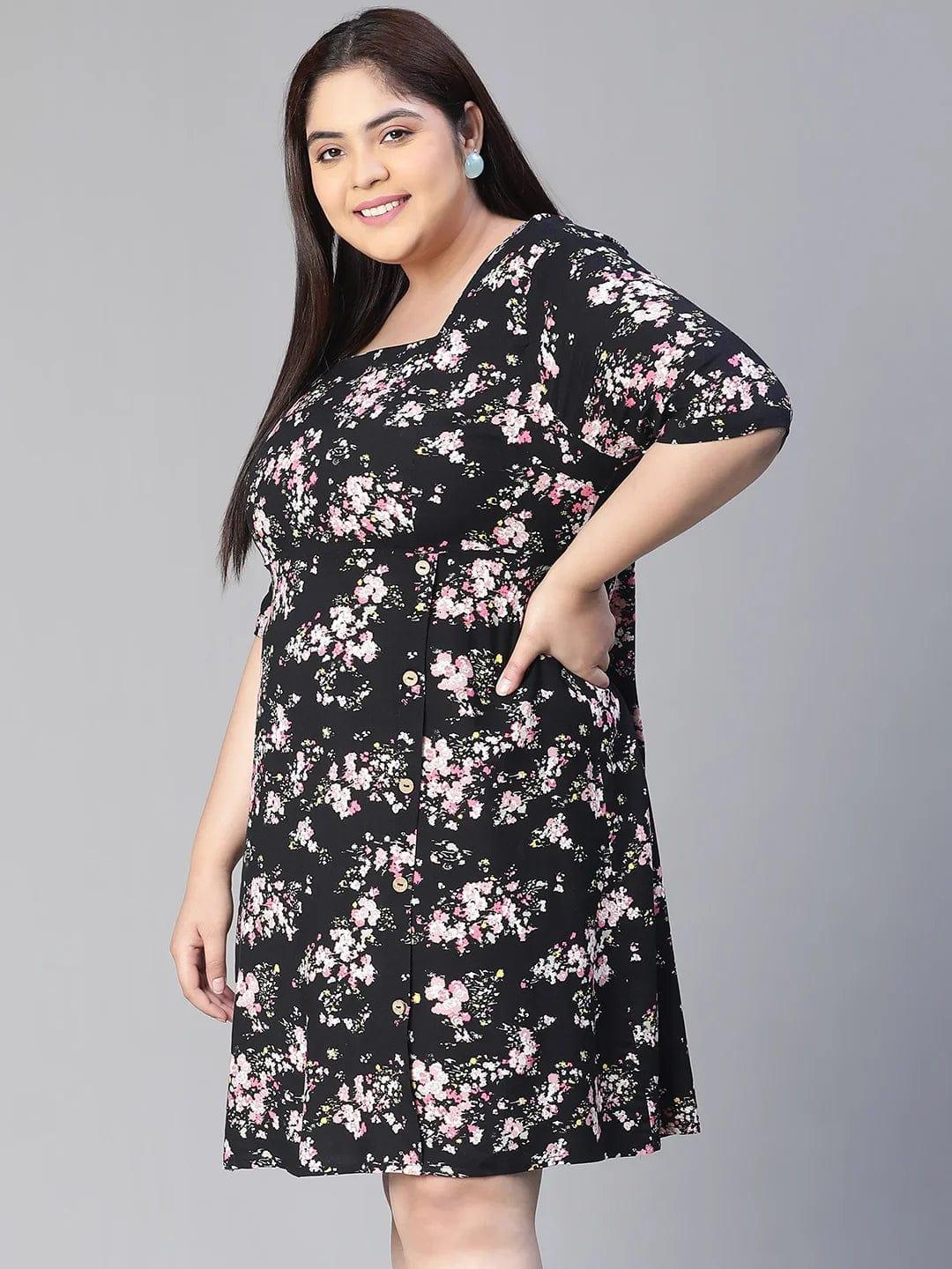 New Black Floral Print Short Sleeve Plus Size Curvy Dress - oxolloxo