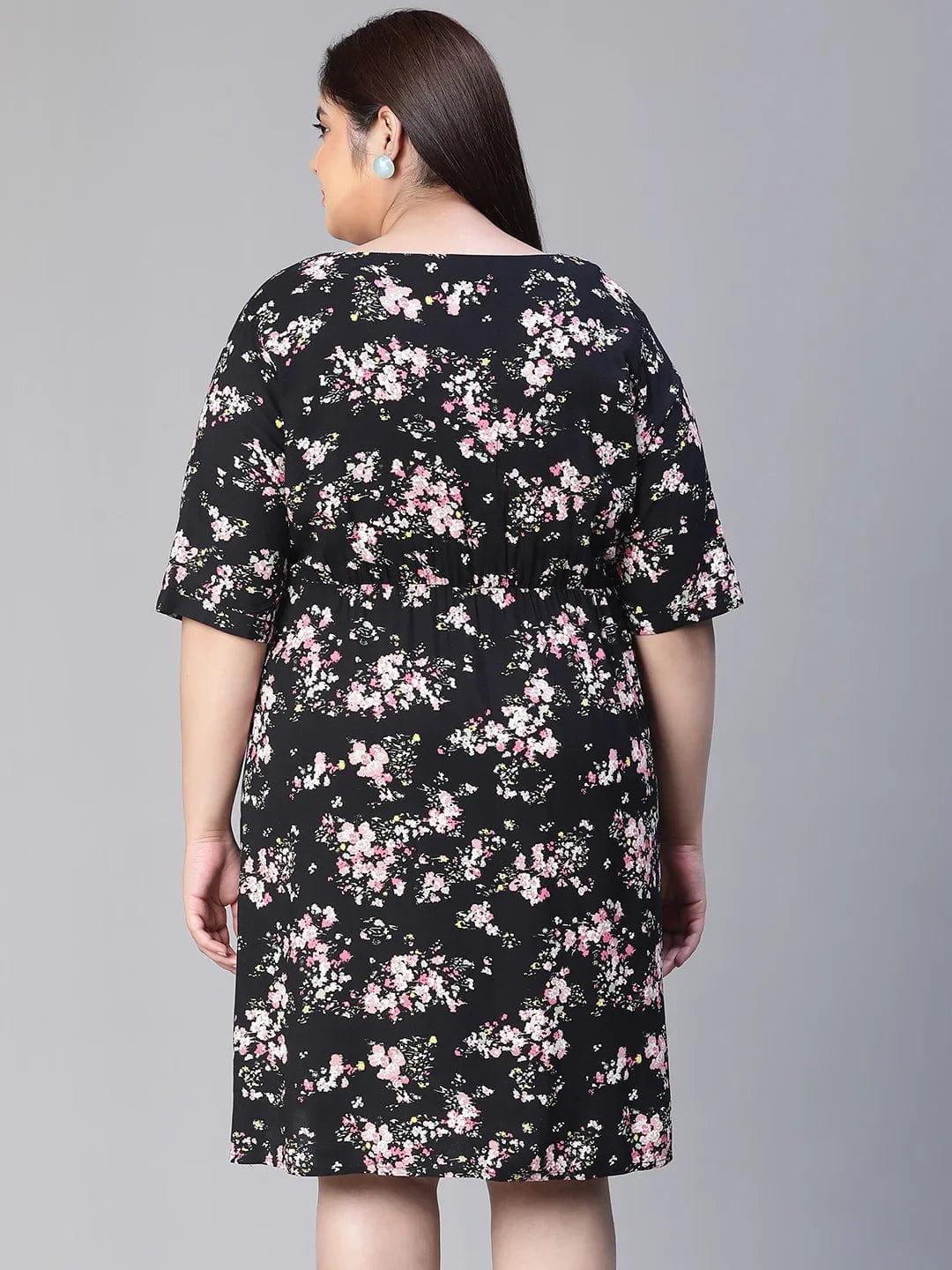 New Black Floral Print Short Sleeve Plus Size Curvy Dress - oxolloxo