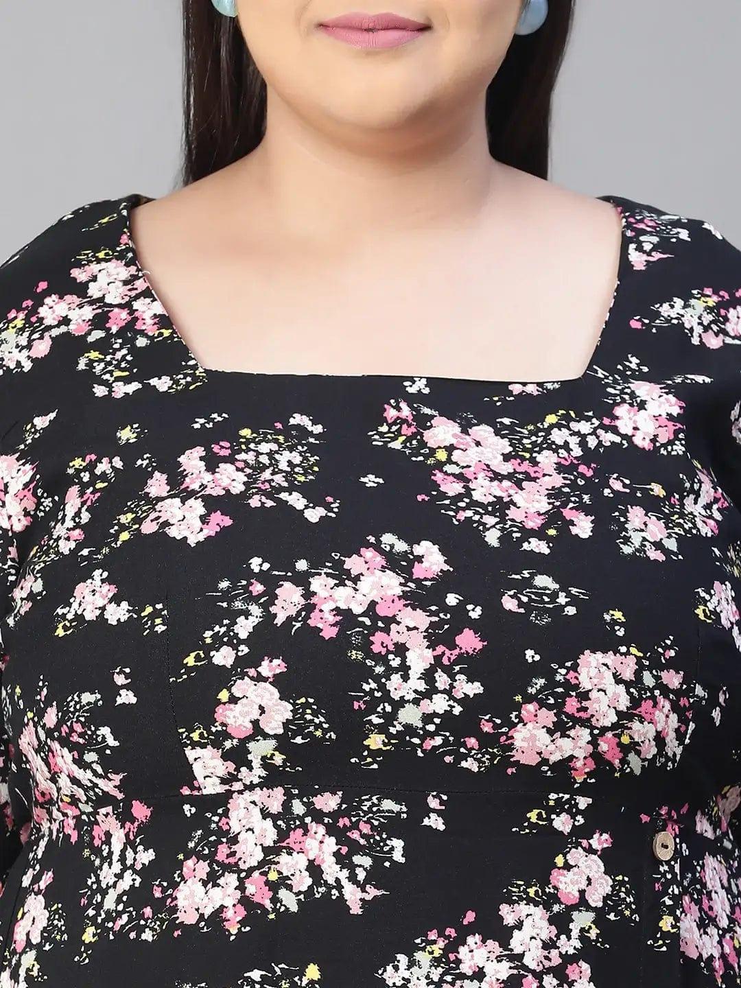 New Black Floral Print Short Sleeve Plus Size Curvy Dress - oxolloxo