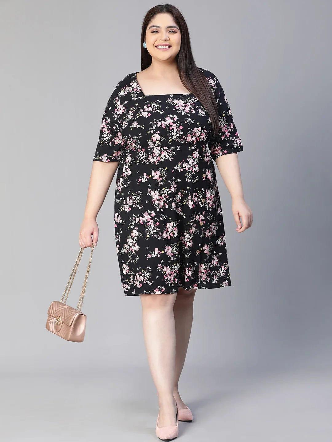 New Black Floral Print Short Sleeve Plus Size Curvy Dress - oxolloxo