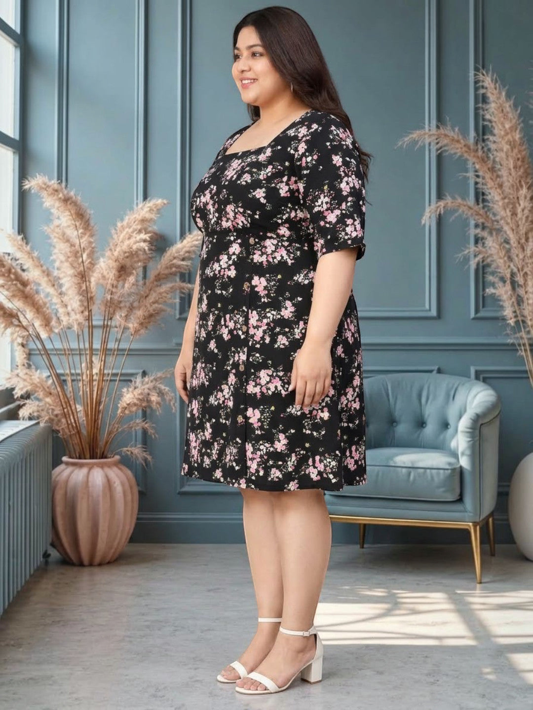 Plus Size Black Floral Printed Dress