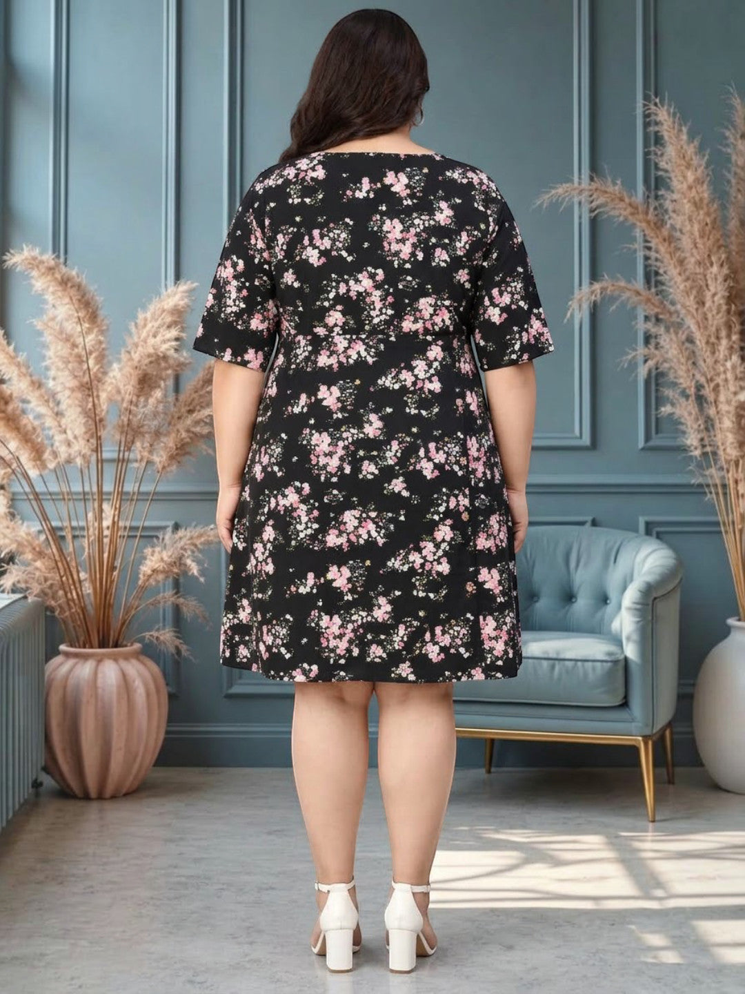 Plus Size Black Floral Printed Dress