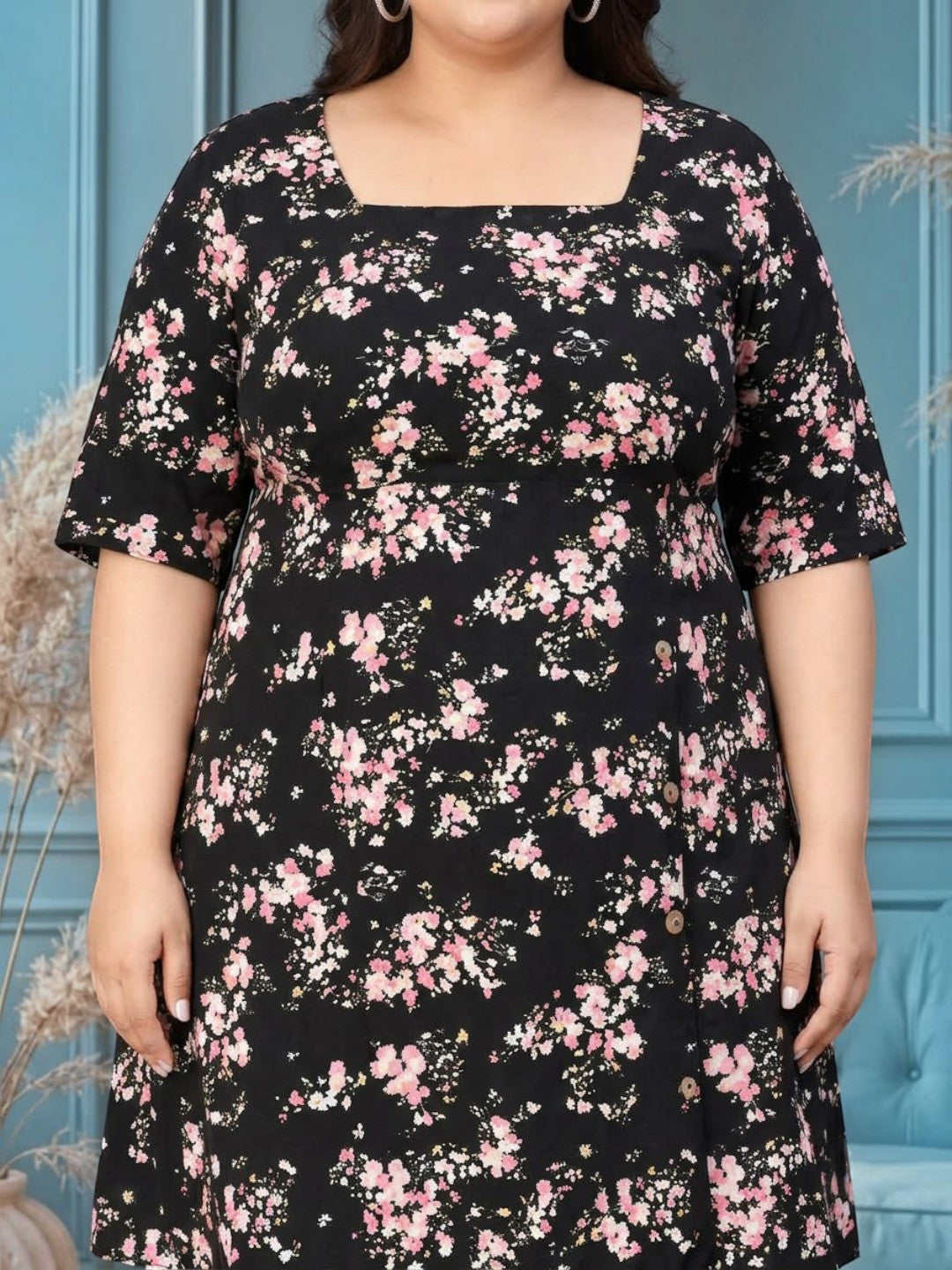 Plus Size Black Floral Printed Dress