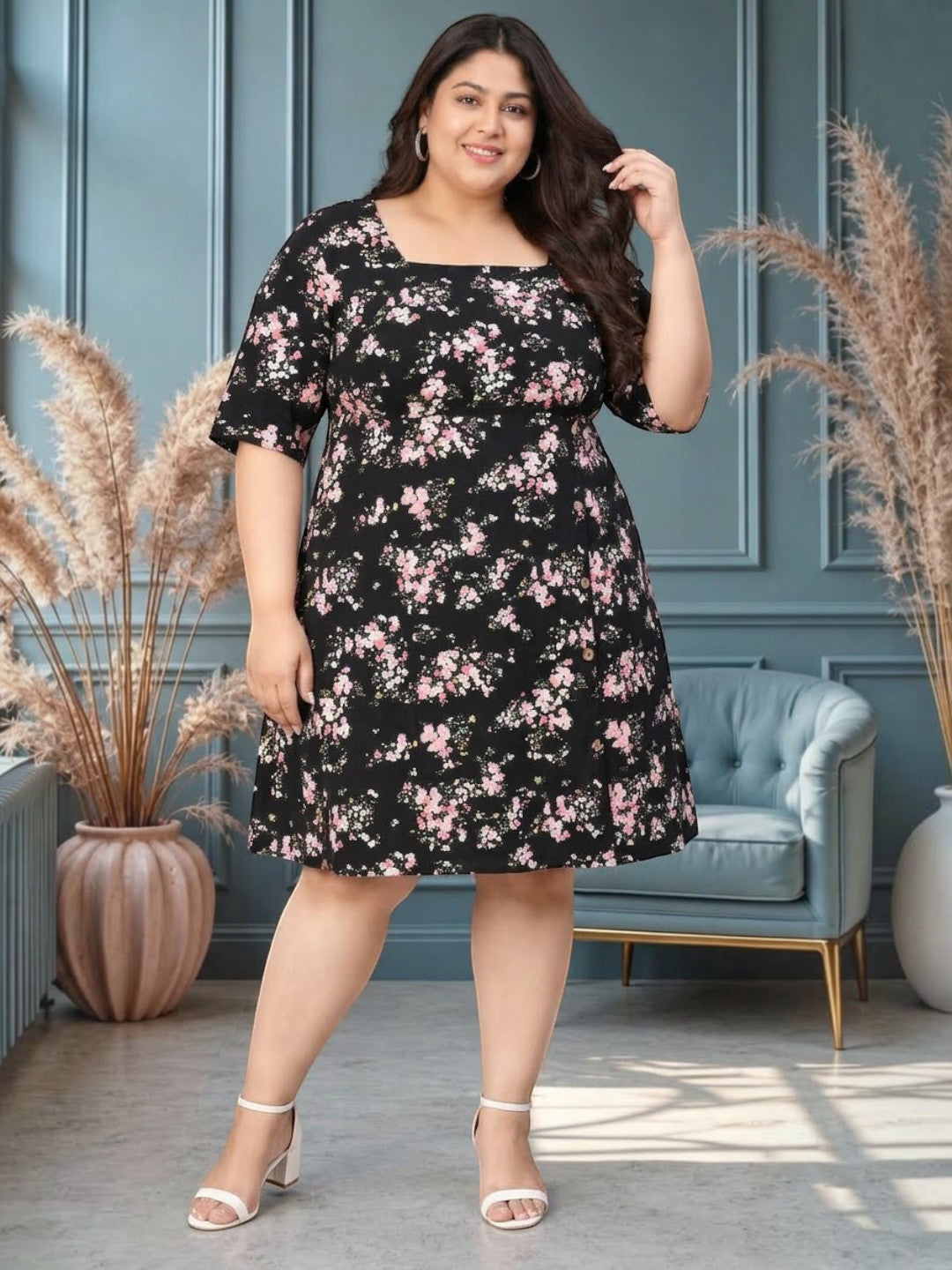 Plus Size Black Floral Printed Dress