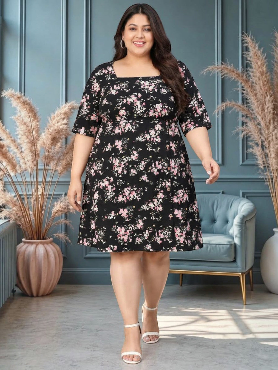Plus Size Black Floral Printed Dress