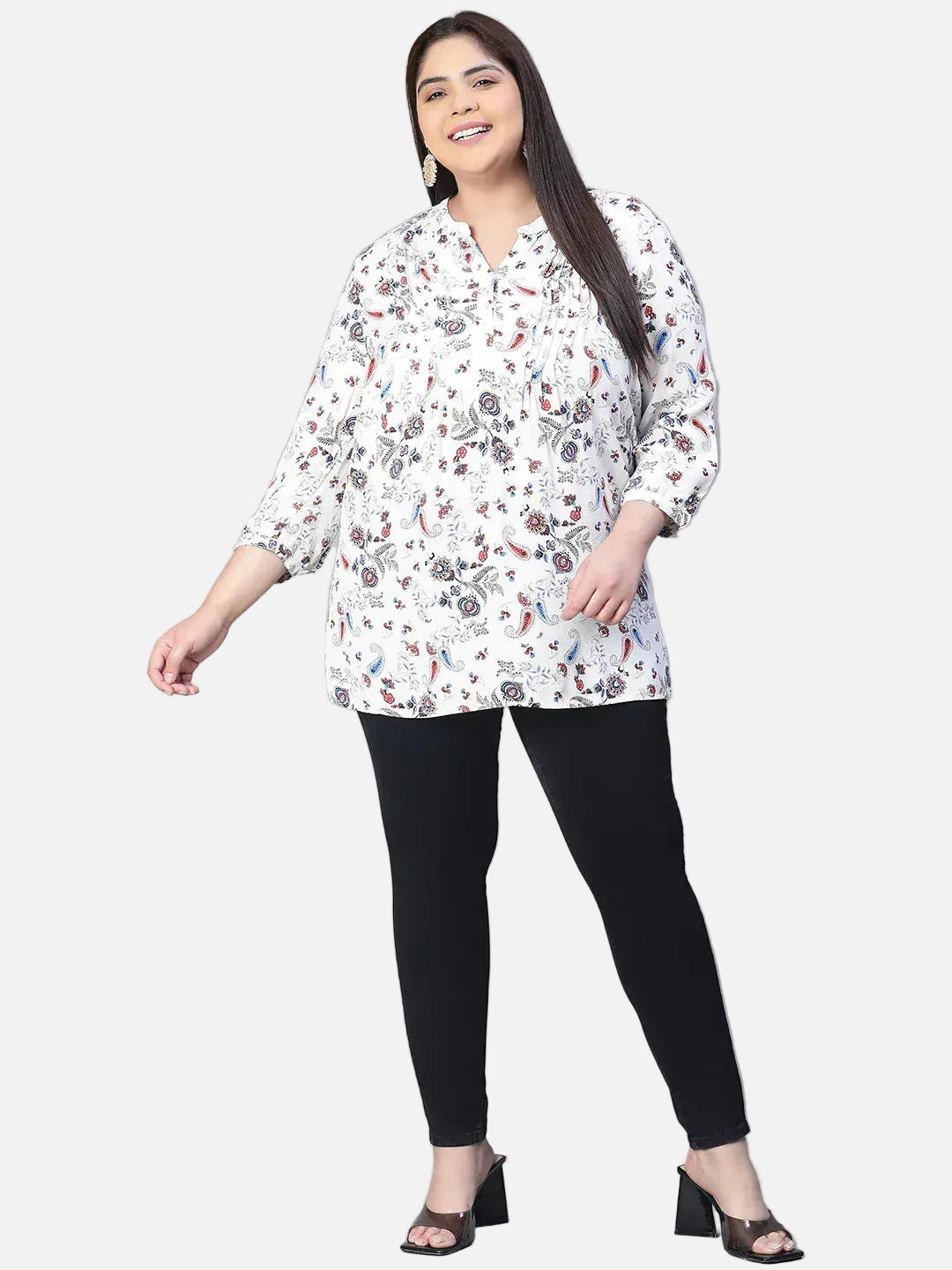 women-printed-3-4-sleeve-plus-size-casual-top