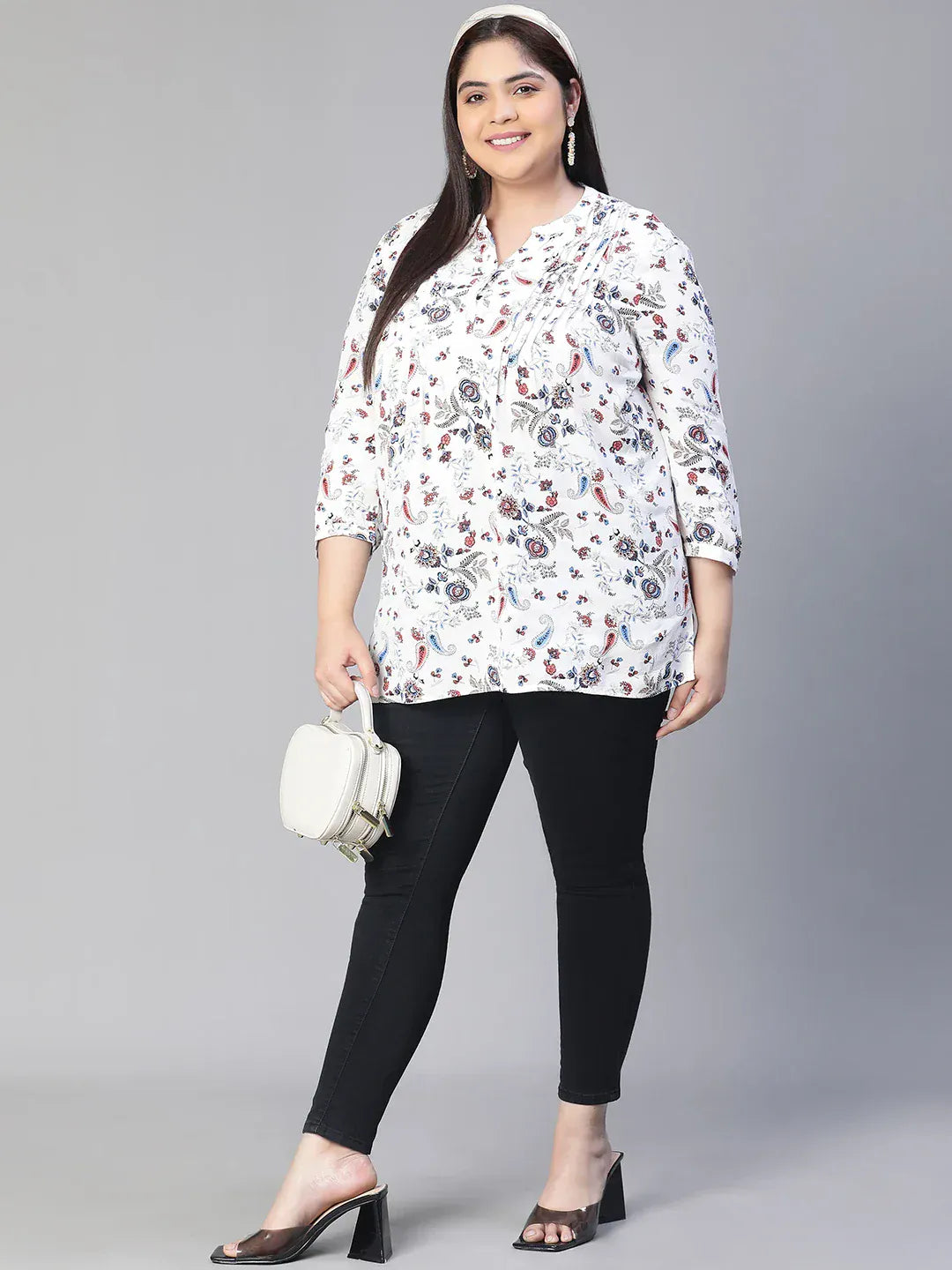 women-printed-3-4-sleeve-plus-size-casual-top