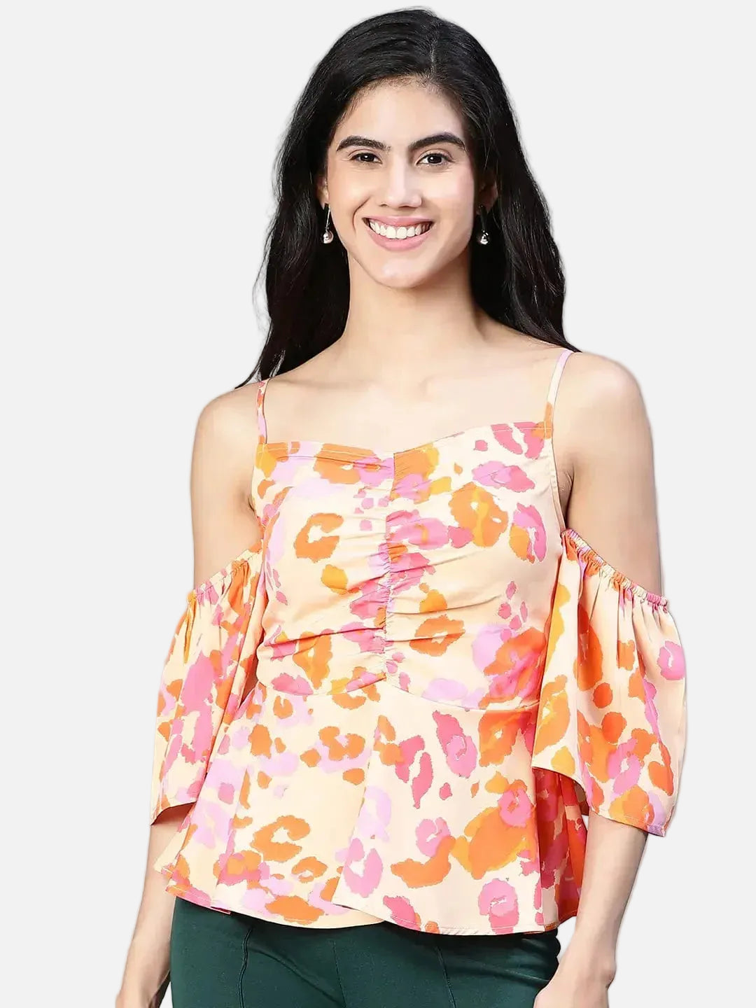 Women Multicolor Floral Print Cold Shoulder Strap Top - oxolloxo