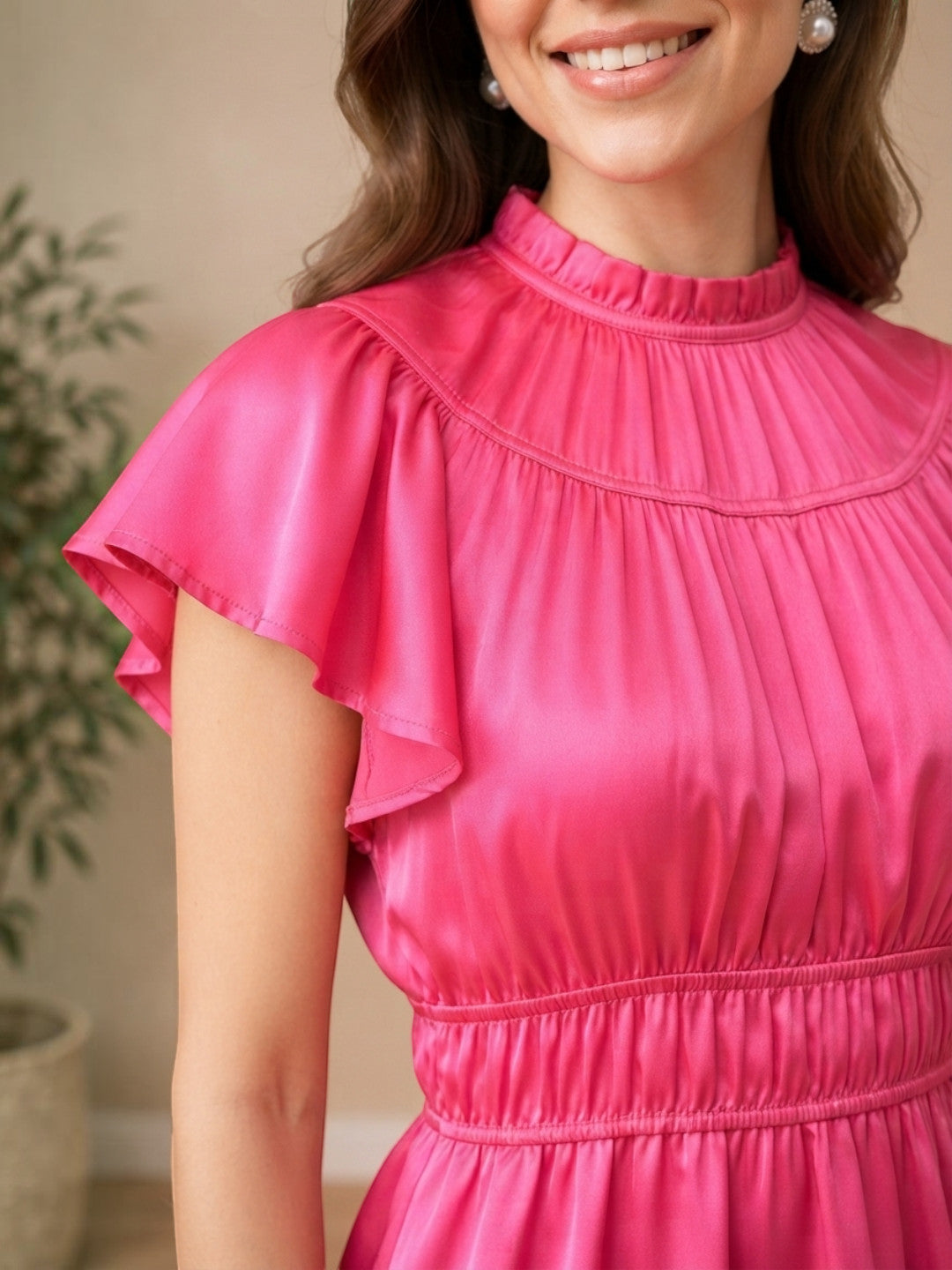 Pink satin dress with ruffled sleeves and high neck, plus size women's fashion