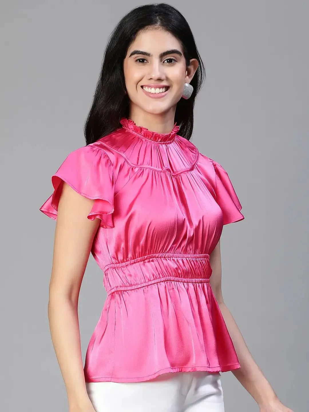Women Pink Round Neck Ruffle Elasticatedsatin Party Top - oxolloxo