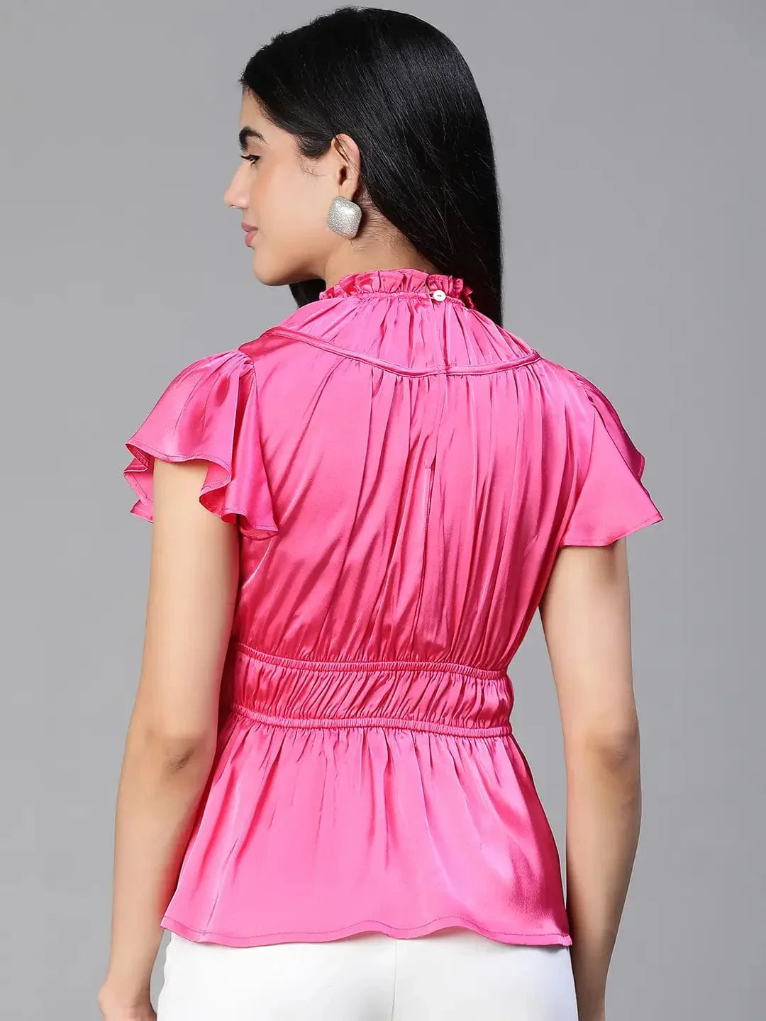 Women Pink Round Neck Ruffle Elasticatedsatin Party Top - oxolloxo