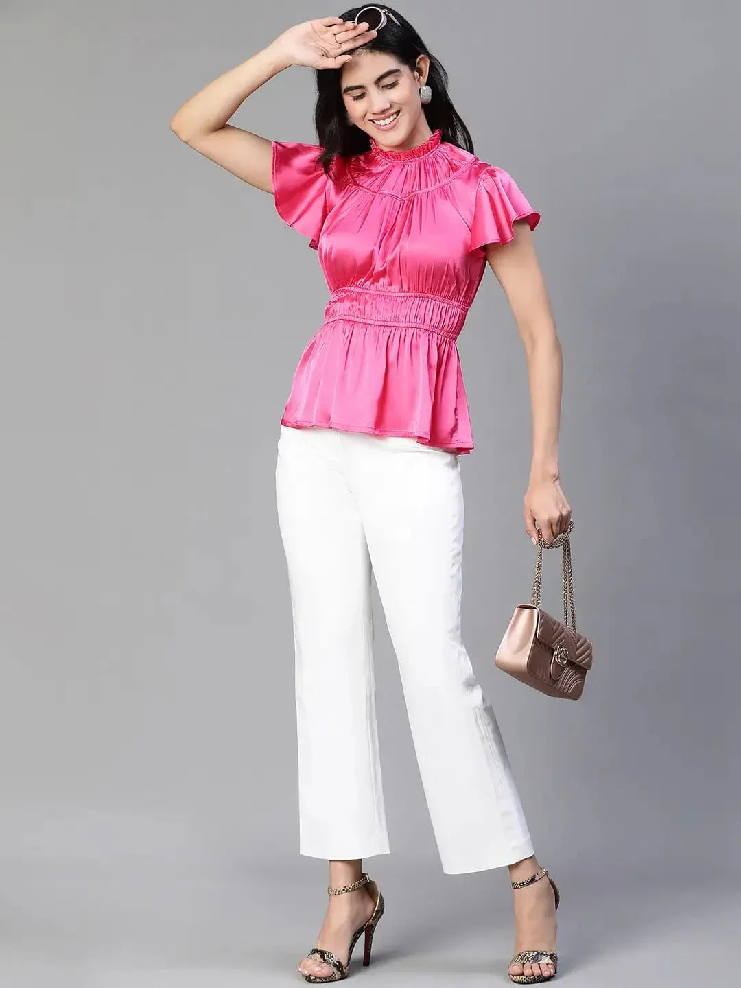 Women Pink Round Neck Ruffle Elasticatedsatin Party Top - oxolloxo
