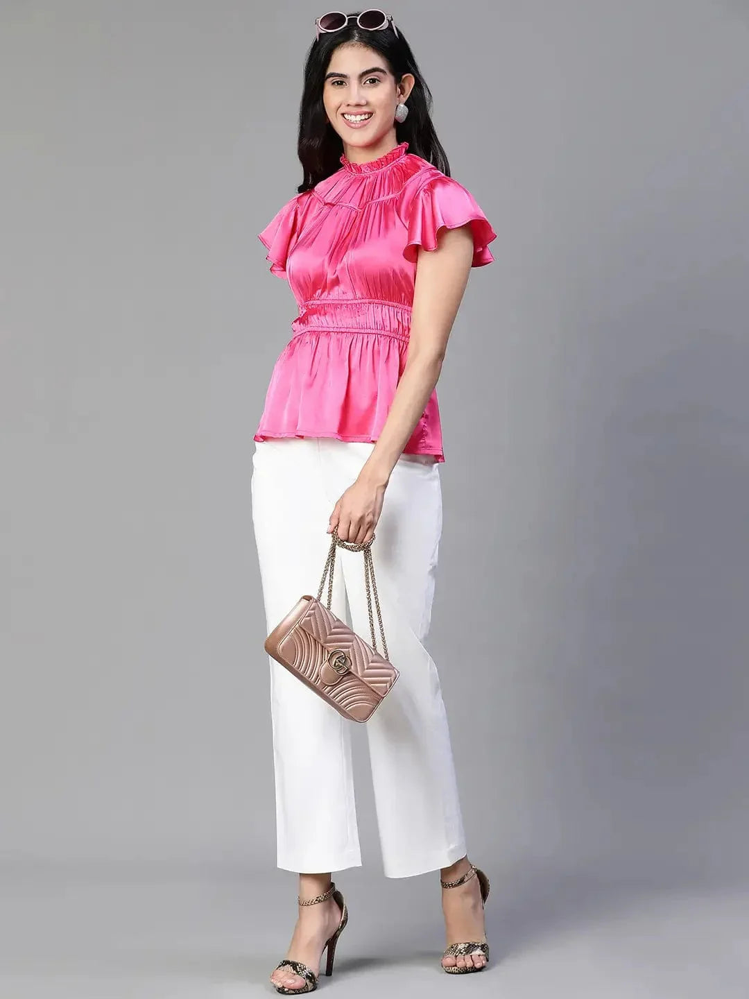 Women Pink Round Neck Ruffle Elasticatedsatin Party Top - oxolloxo