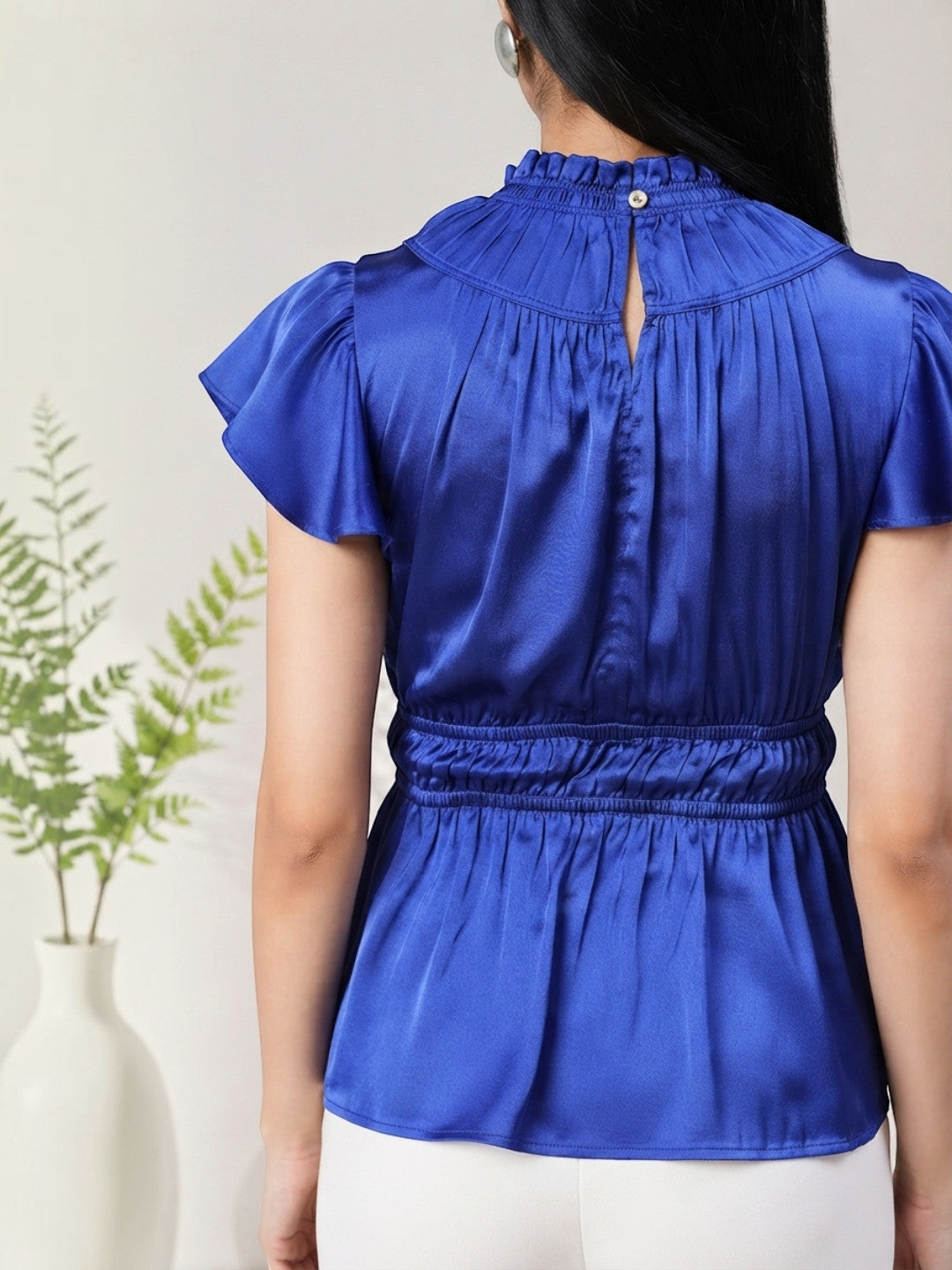 Royal blue satin blouse with ruffled collar, back keyhole, and elastic waist for women's fashion