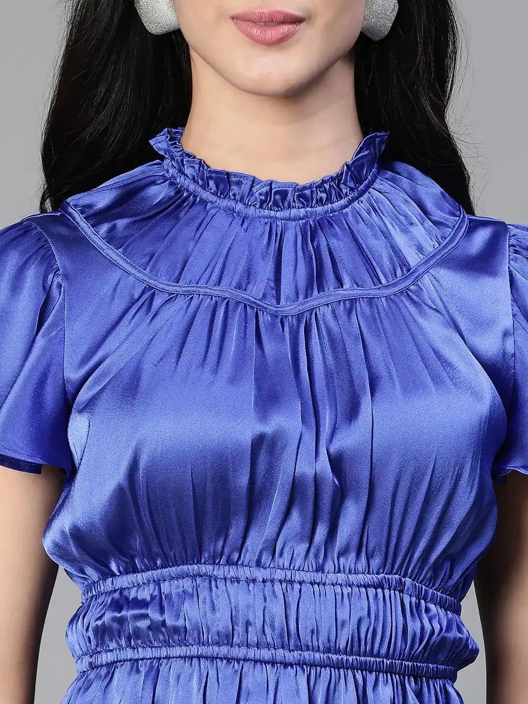 Women Blue Round Neck Ruffle Elasticatedsatin Party Top - oxolloxo