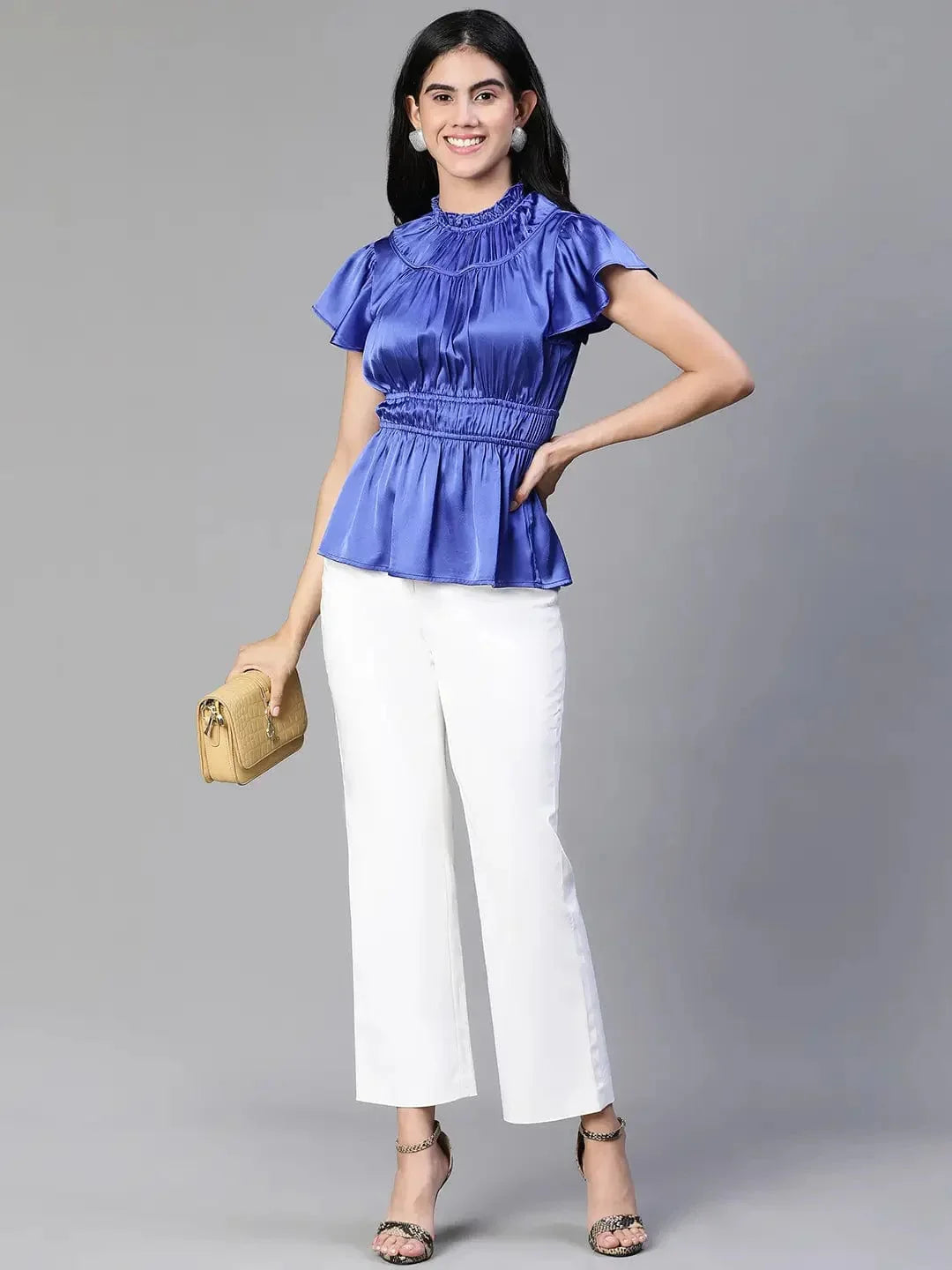 Women Blue Round Neck Ruffle Elasticatedsatin Party Top - oxolloxo