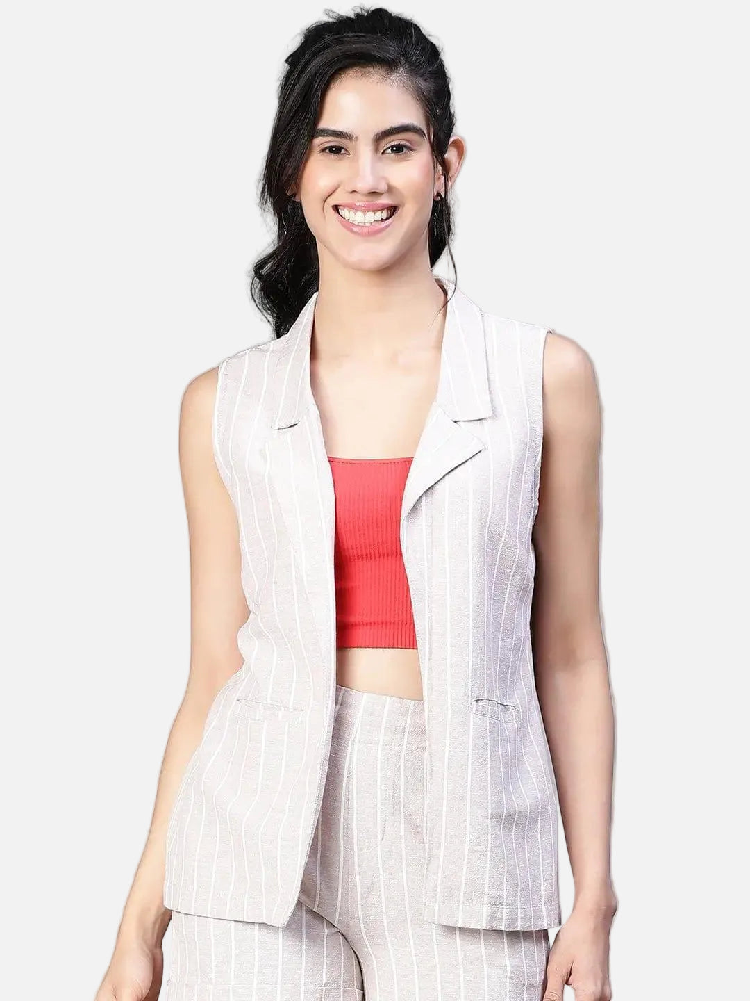 Women'S Beige Stripe Print Open Collared Sleeveless Cotton Waistcoat - oxolloxo