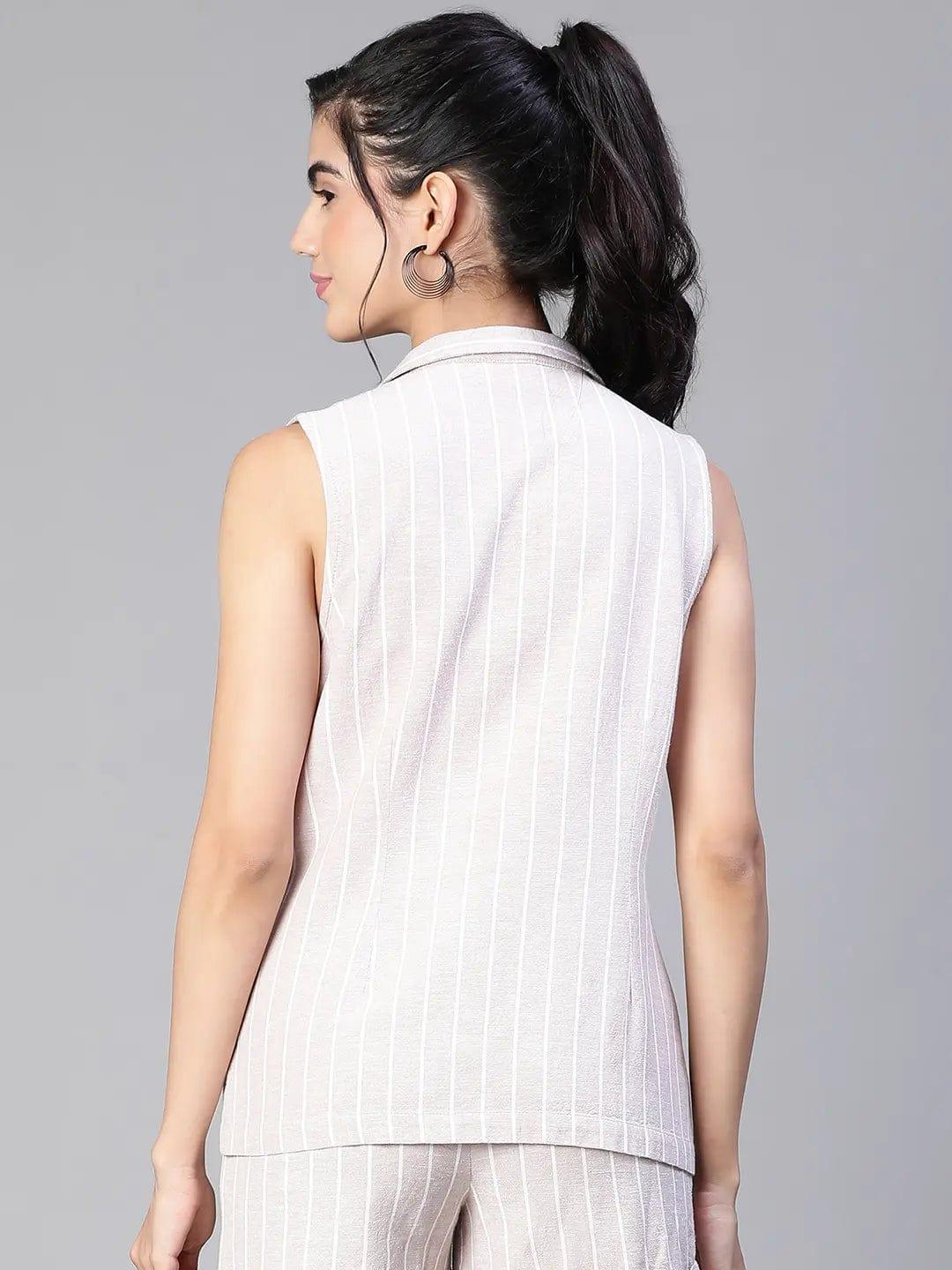 Women'S Beige Stripe Print Open Collared Sleeveless Cotton Waistcoat - oxolloxo