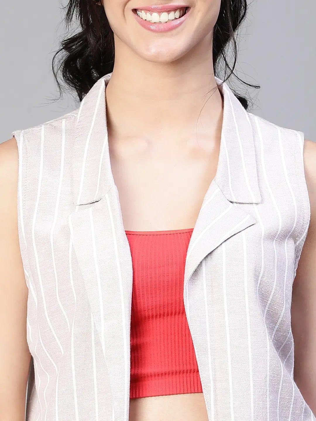 Women'S Beige Stripe Print Open Collared Sleeveless Cotton Waistcoat - oxolloxo
