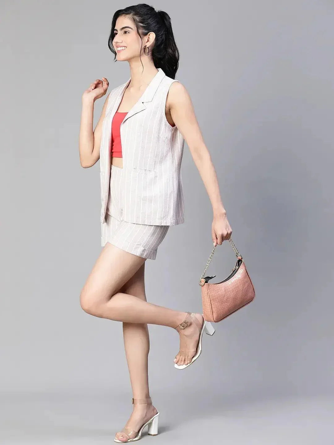 Women'S Beige Stripe Print Open Collared Sleeveless Cotton Waistcoat - oxolloxo