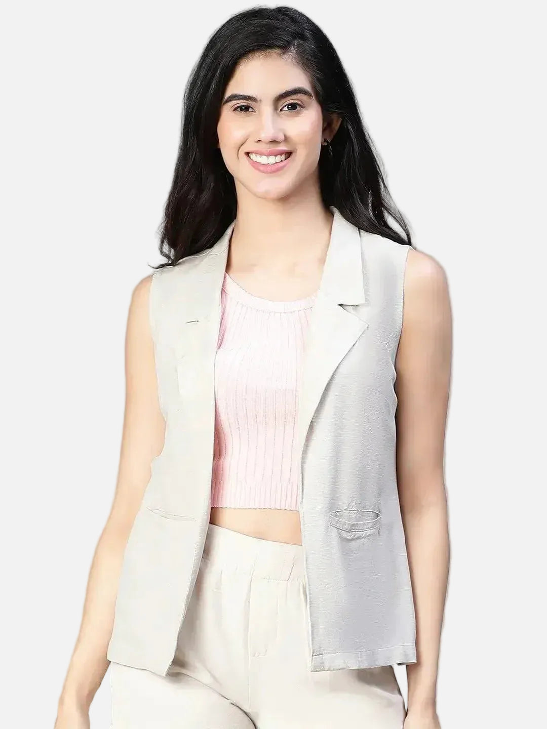 Women'S Soild Beige Open Collared Sleeveless Cotton Waistcoat - oxolloxo