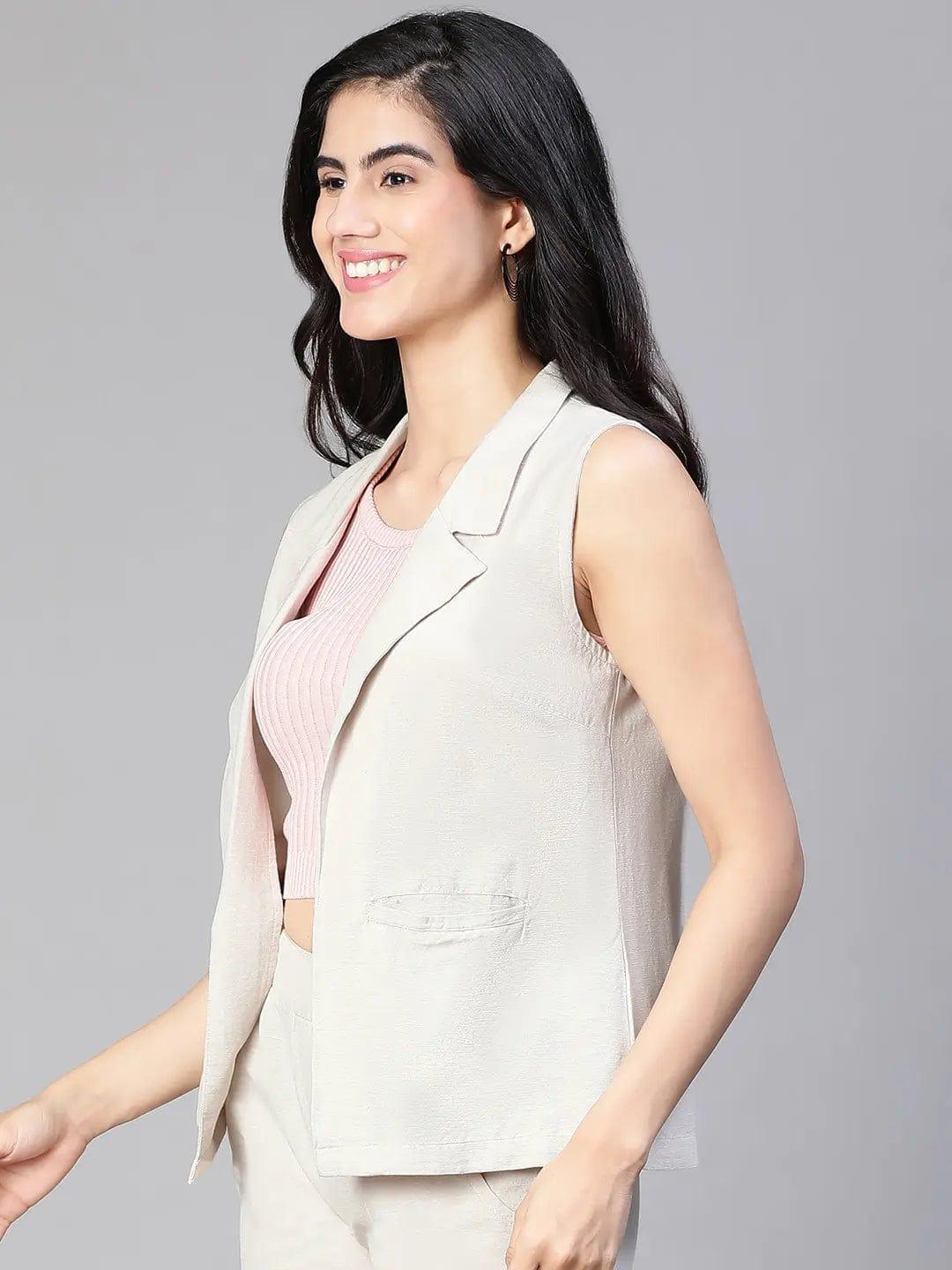 Women'S Soild Beige Open Collared Sleeveless Cotton Waistcoat - oxolloxo