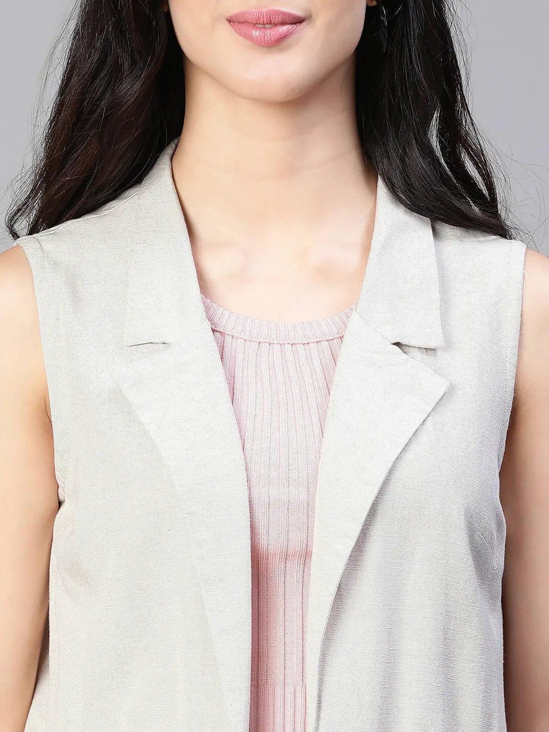 Women'S Soild Beige Open Collared Sleeveless Cotton Waistcoat - oxolloxo