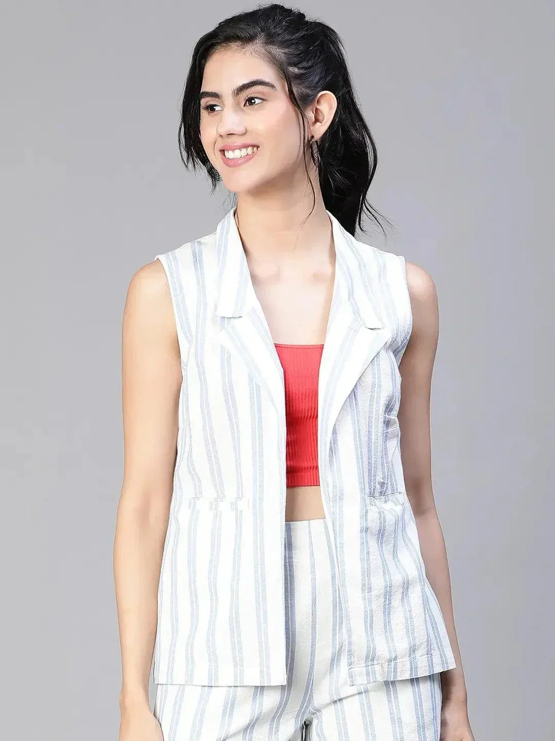 Women'S Blue Stripe Print Open Collared Sleeveless Cotton Waistcoat - oxolloxo