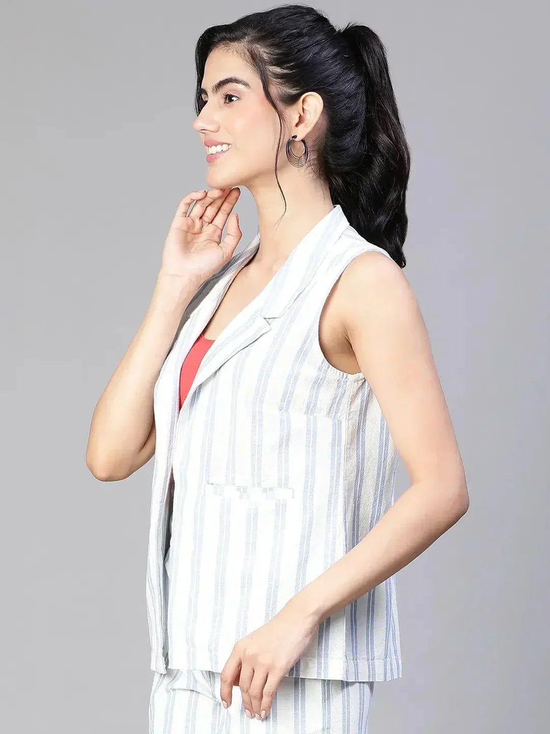 Women'S Blue Stripe Print Open Collared Sleeveless Cotton Waistcoat - oxolloxo