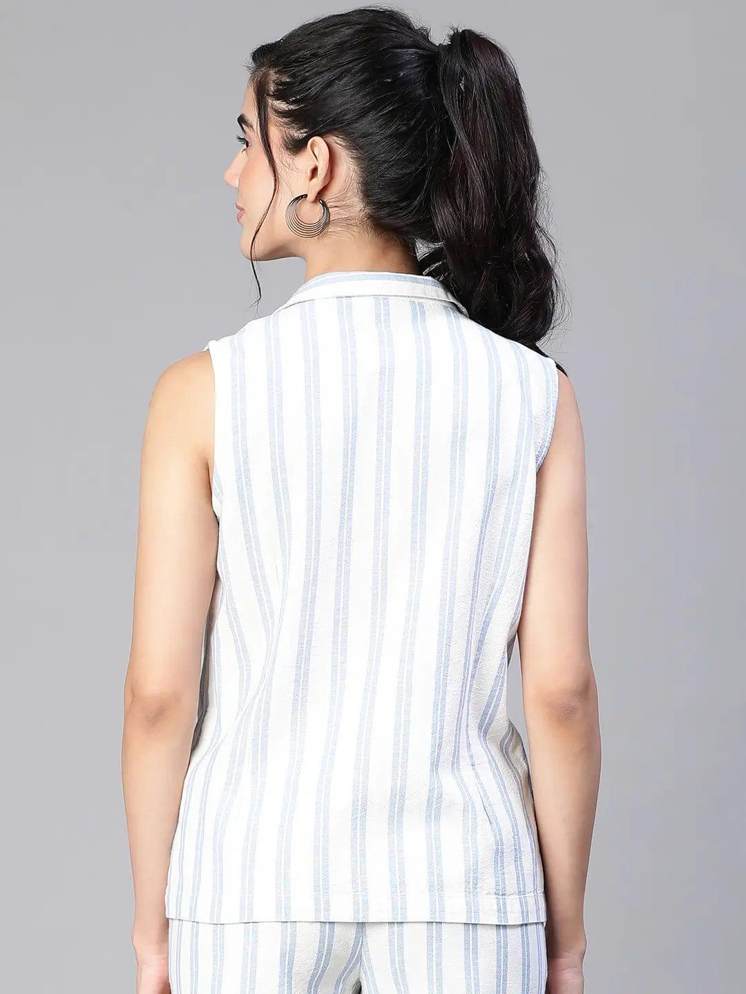 Women'S Blue Stripe Print Open Collared Sleeveless Cotton Waistcoat - oxolloxo
