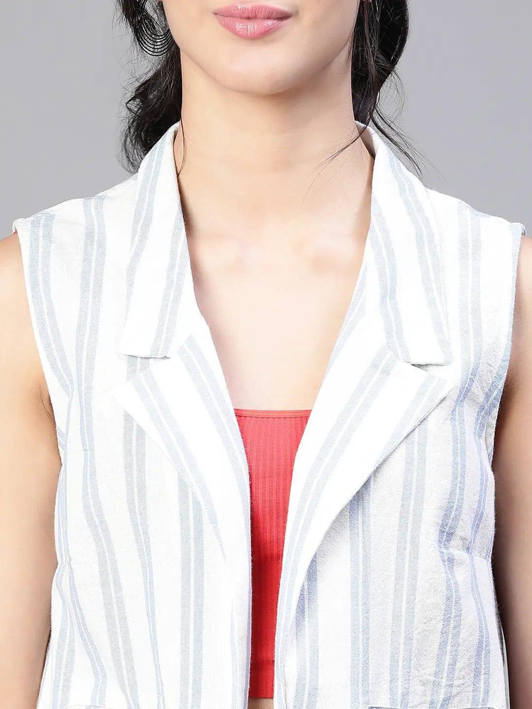 Women'S Blue Stripe Print Open Collared Sleeveless Cotton Waistcoat - oxolloxo