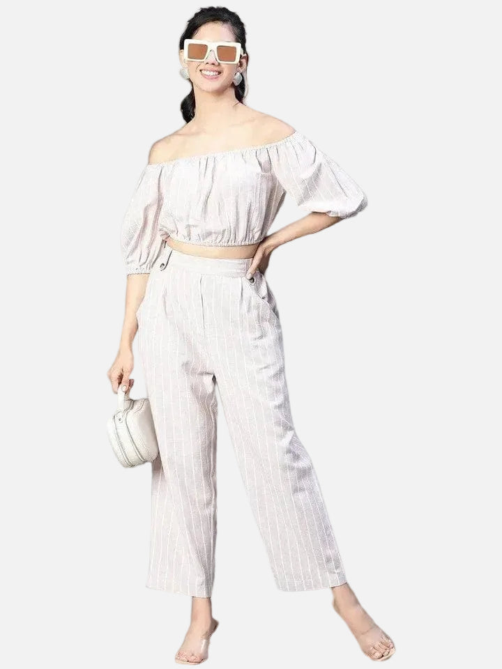 Women Beige Stripe Print Top And Pant