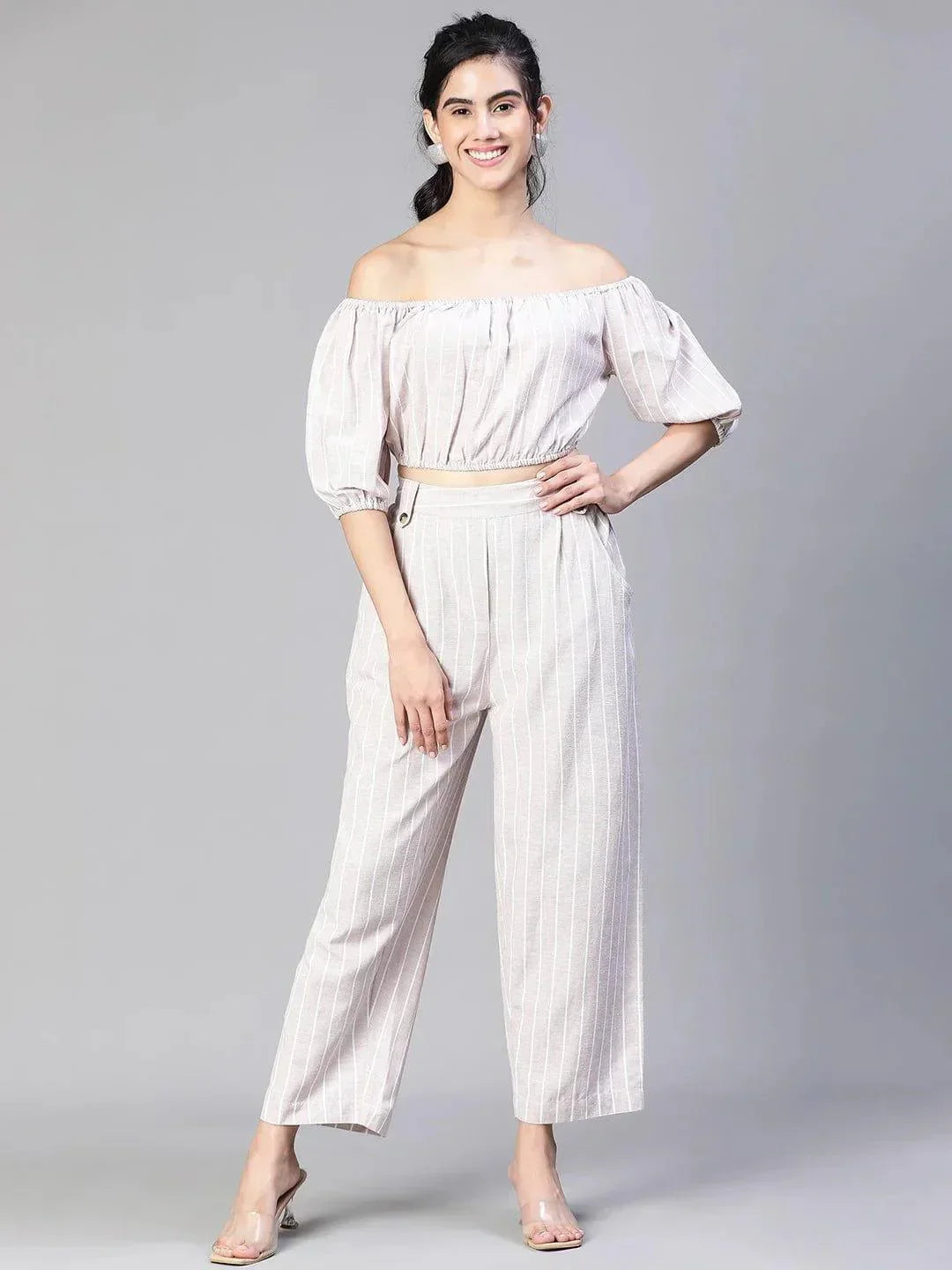 Women Beige Stripe Print Top And Pant