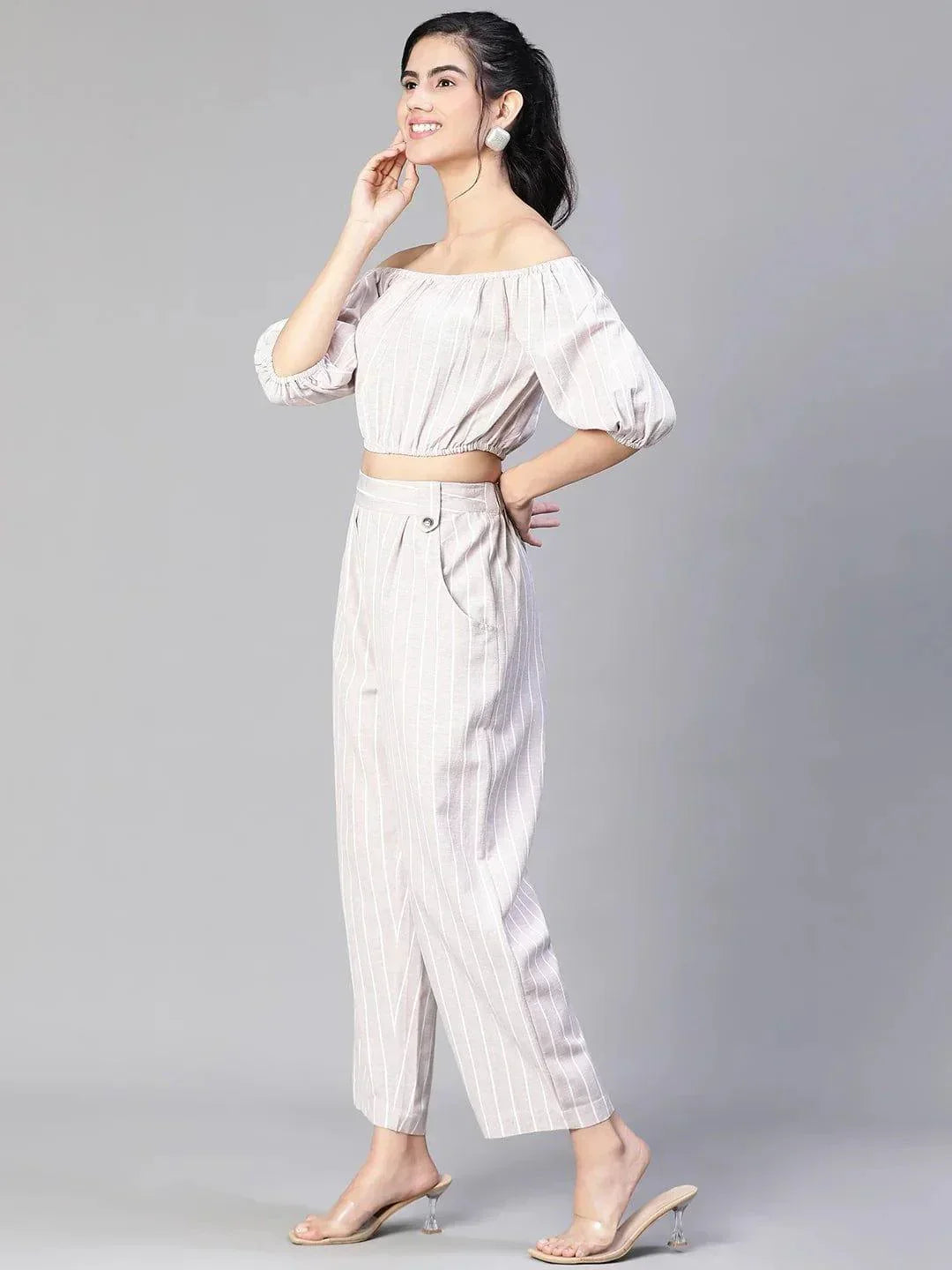 Women Beige Stripe Print Top And Pant