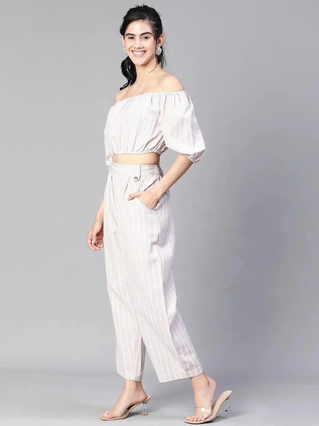 Women Beige Stripe Print Top And Pant