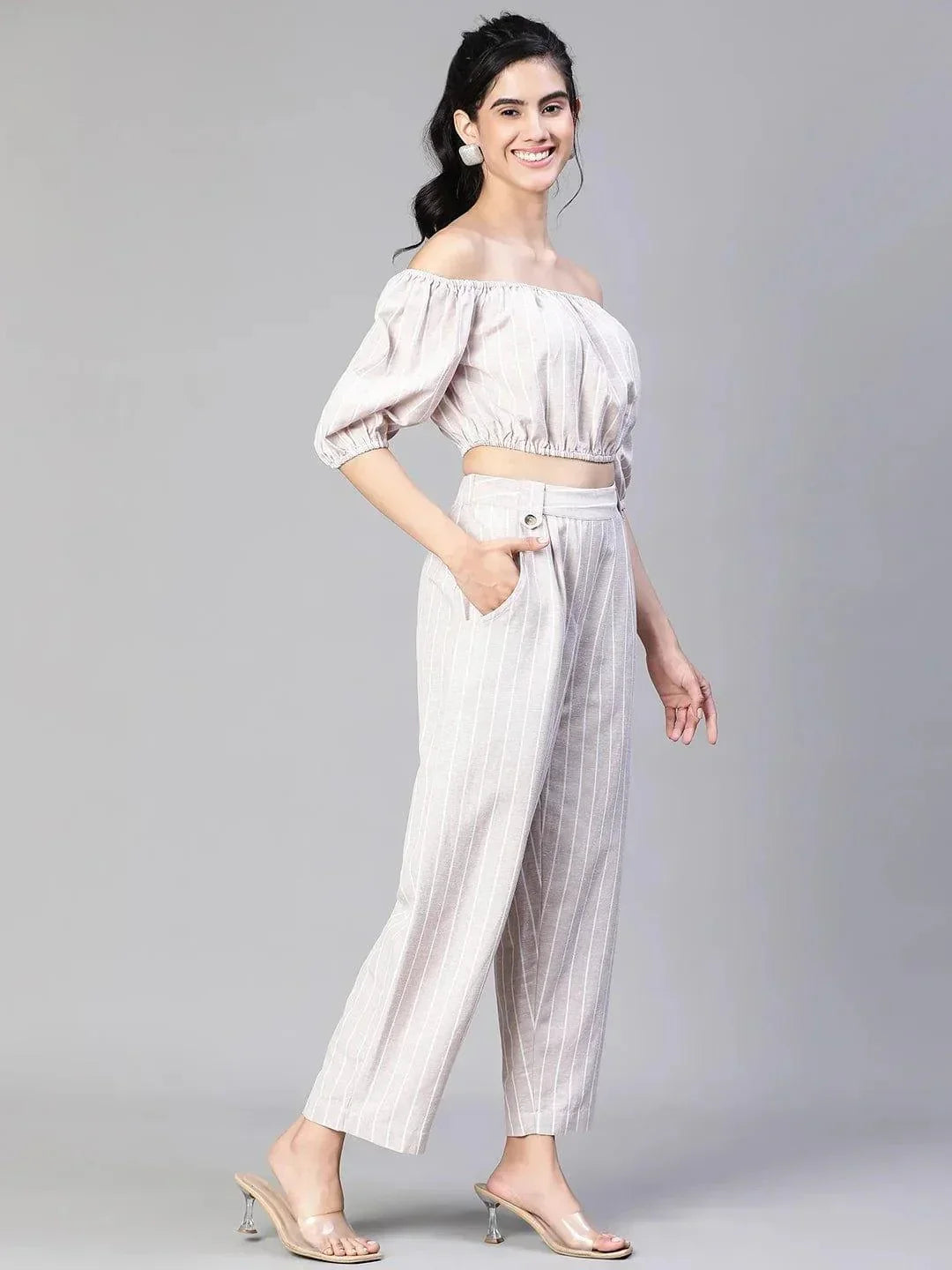 Women Beige Stripe Print Top And Pant