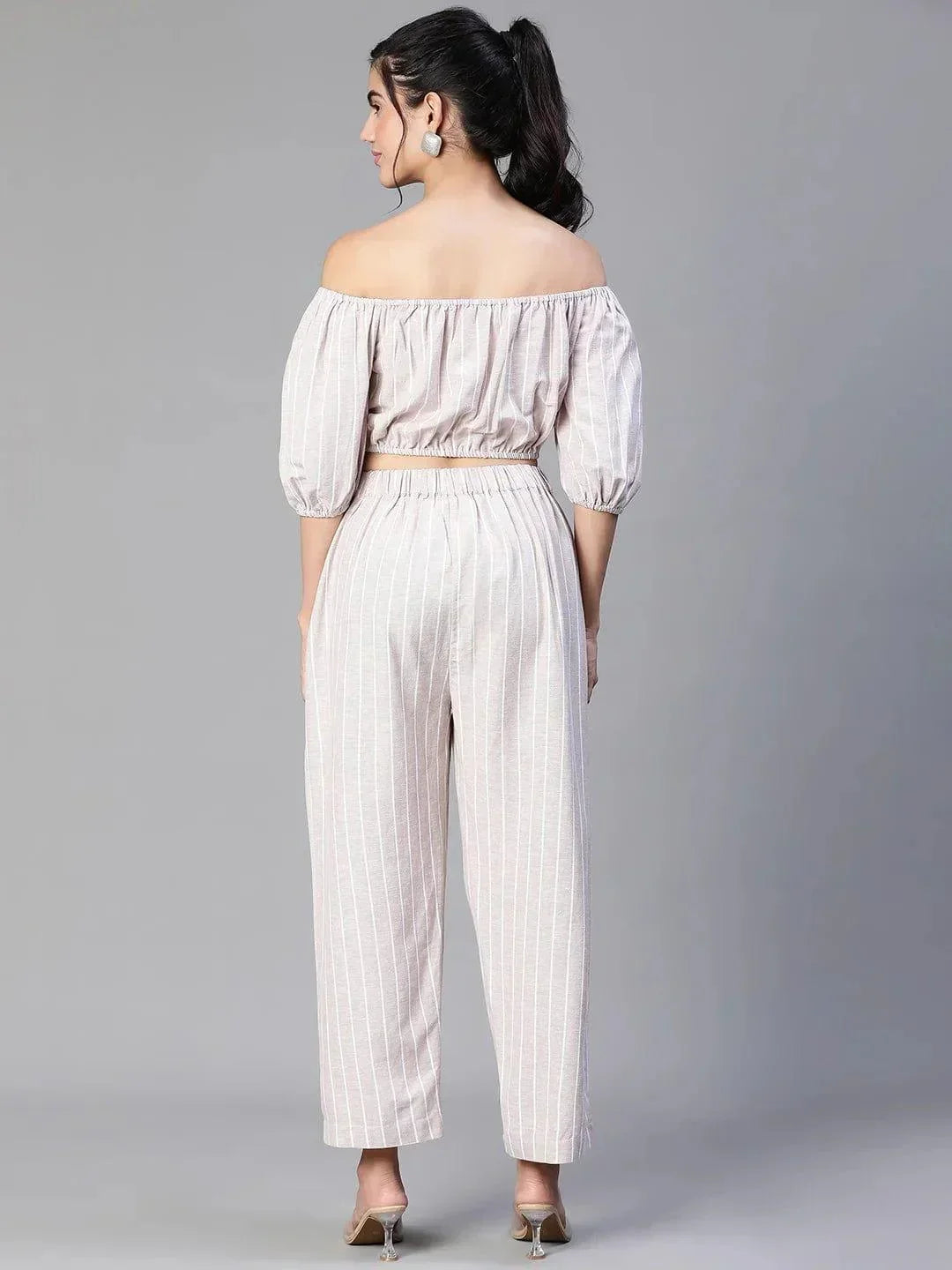 Women Beige Stripe Print Top And Pant