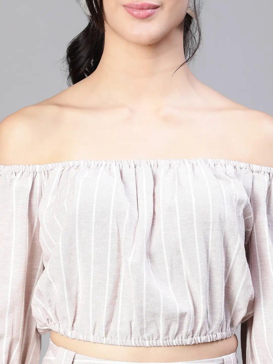 Women Beige Stripe Print Top And Pant