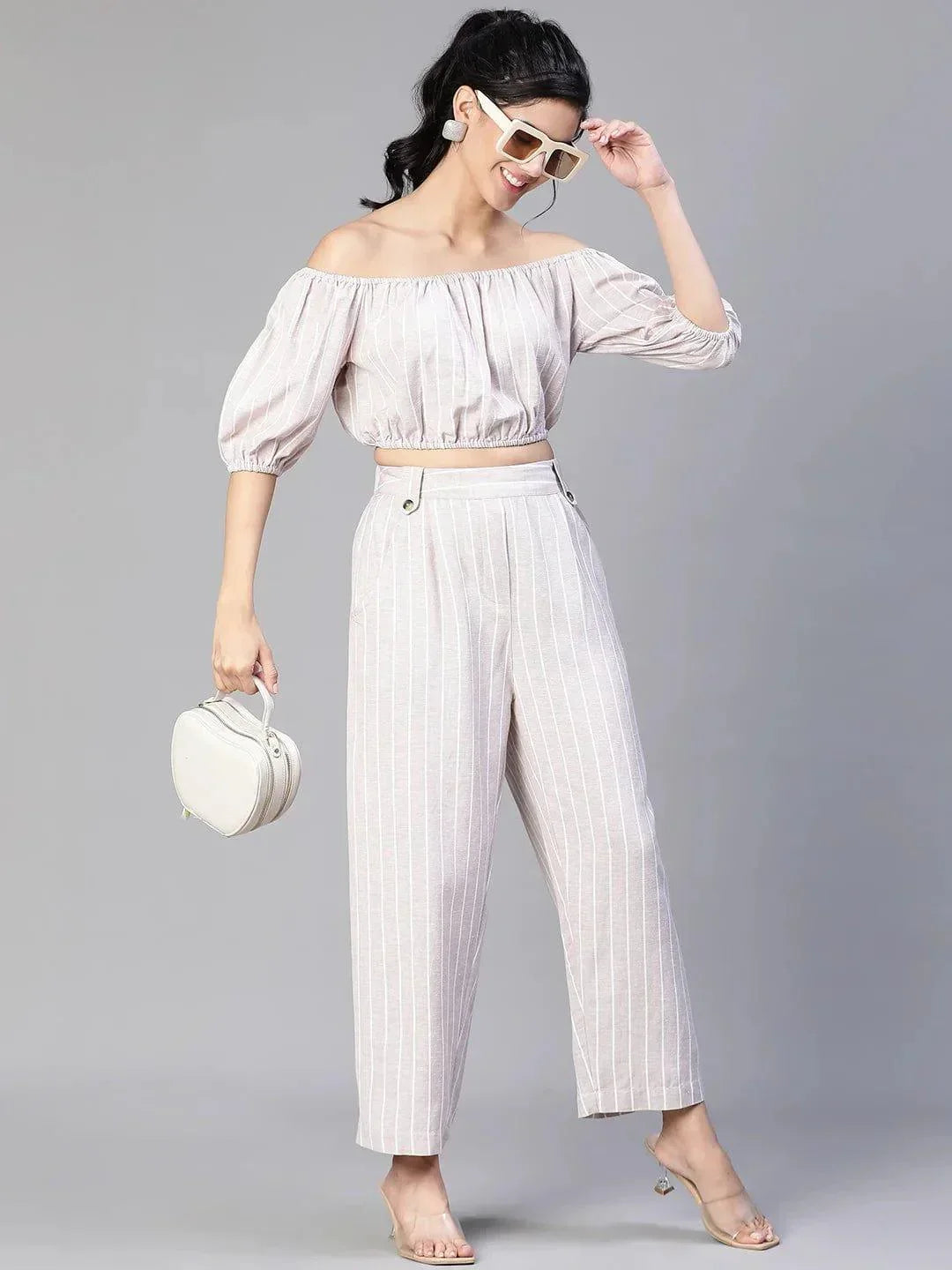 Women Beige Stripe Print Top And Pant