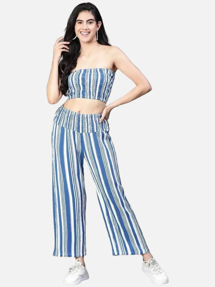 Women Blue Stripe Print Top and Pant Set