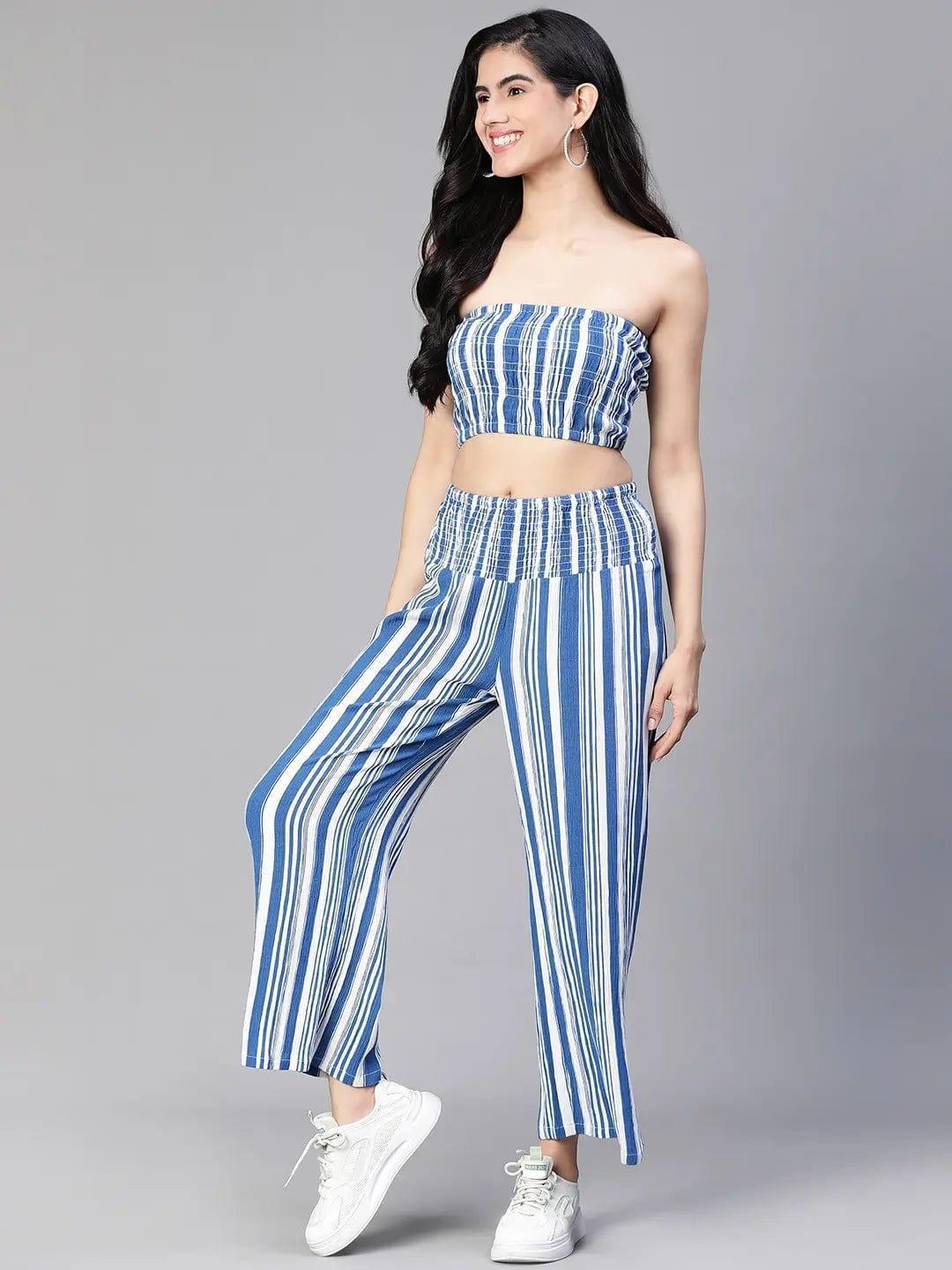Women Blue Stripe Print Top and Pant Set