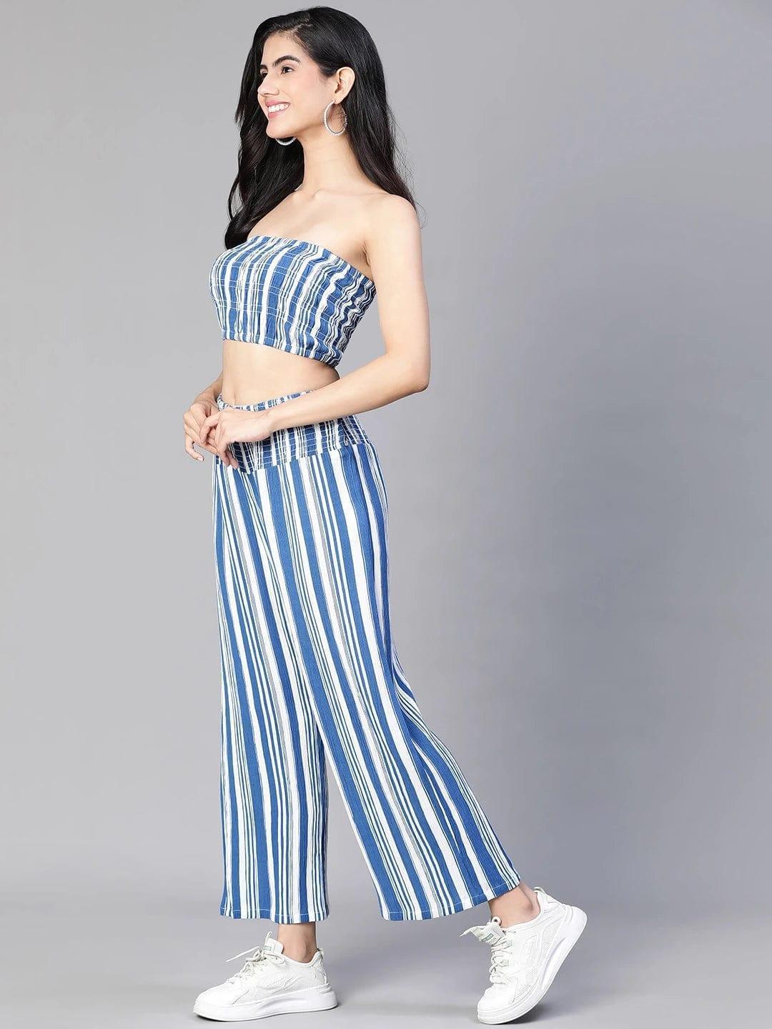 Women Blue Stripe Print Top and Pant Set