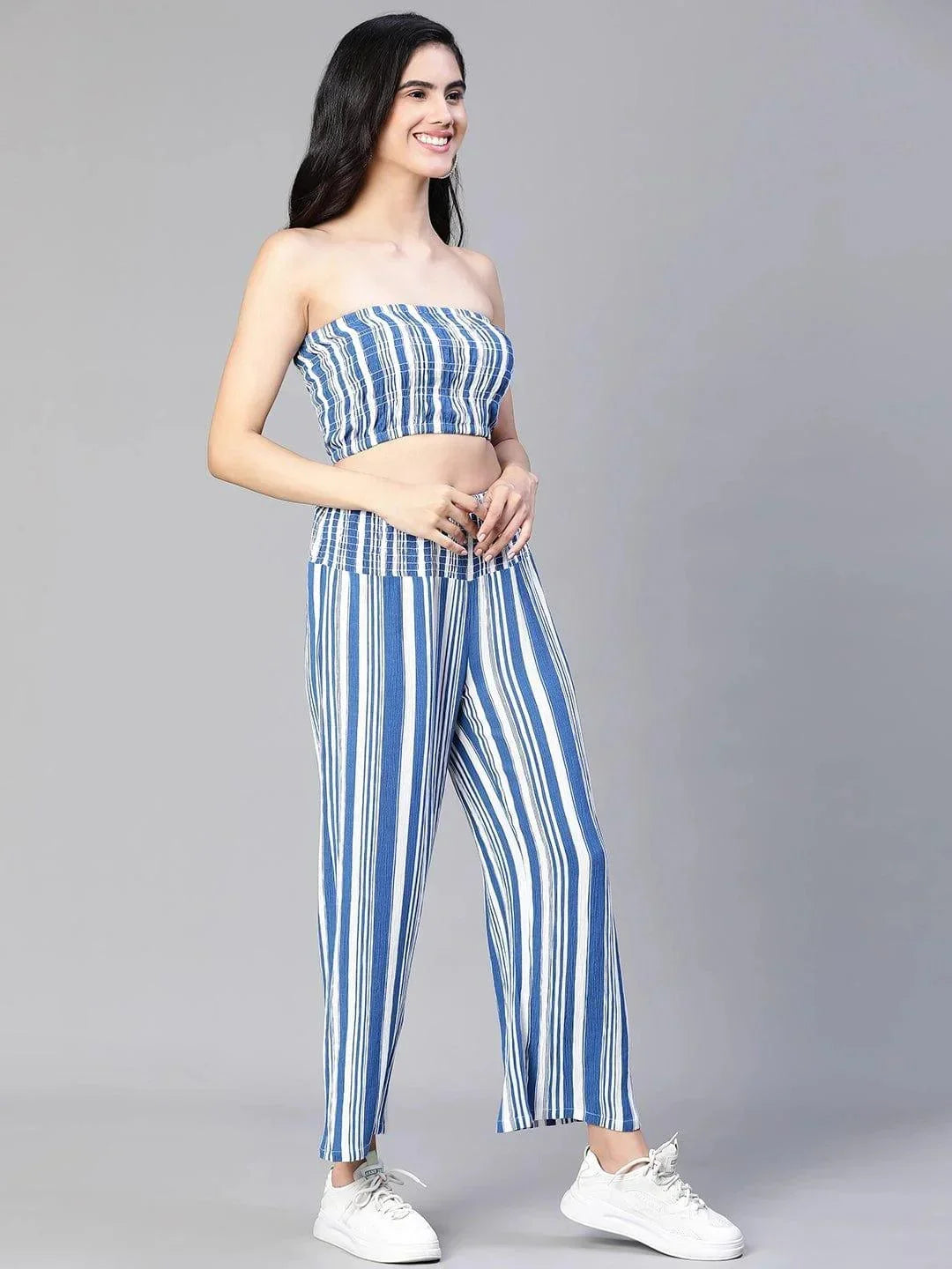 Women Blue Stripe Print Top and Pant Set