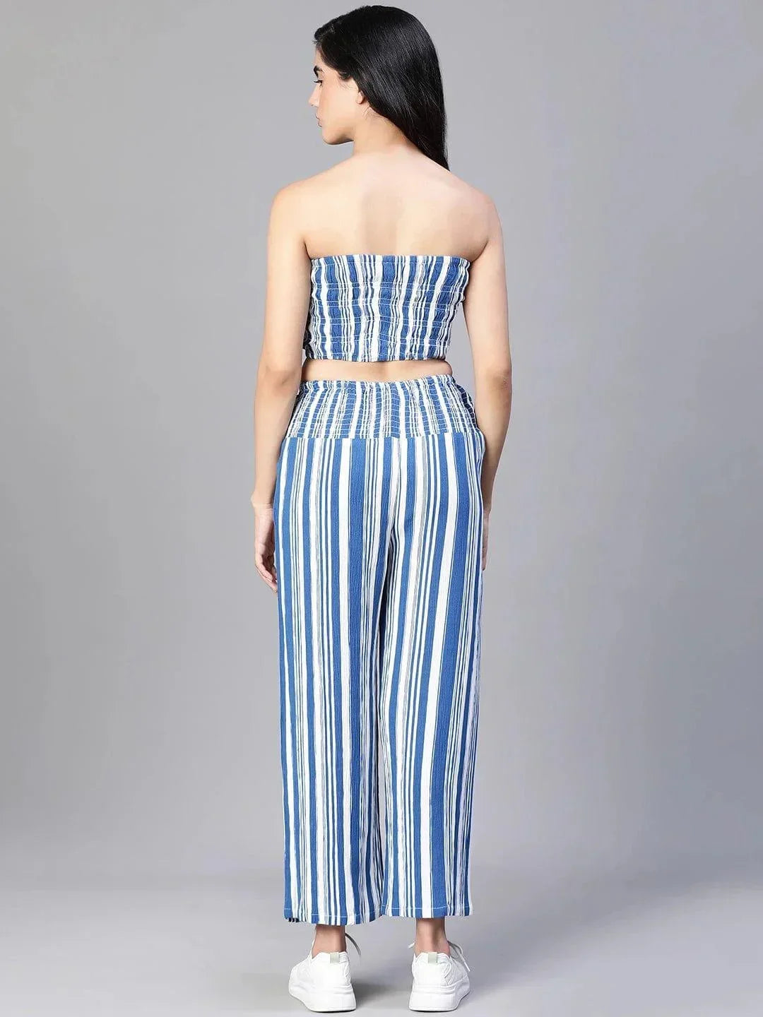 Women Blue Stripe Print Top and Pant Set