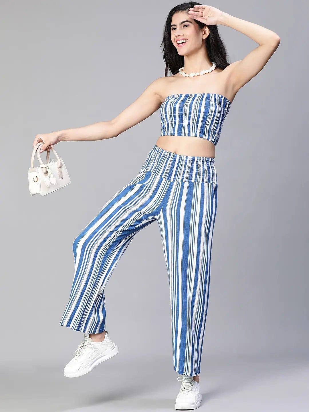 Women Blue Stripe Print Top and Pant Set