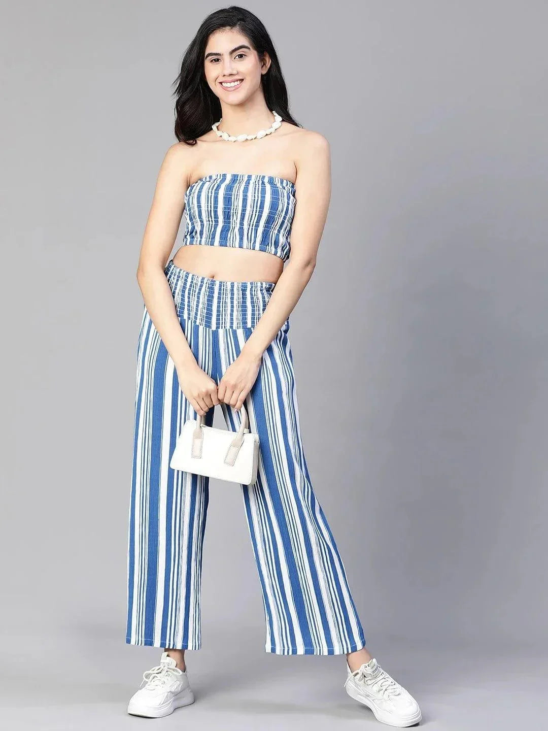Women Blue Stripe Print Top and Pant Set