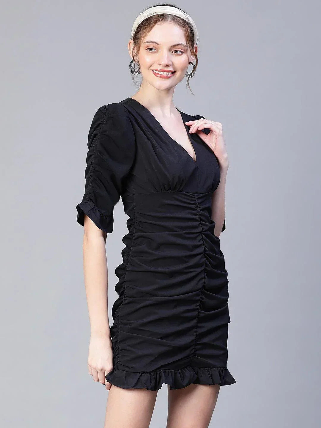 Black Gather Pleated V-Neck Ruffle Women Dress - oxolloxo